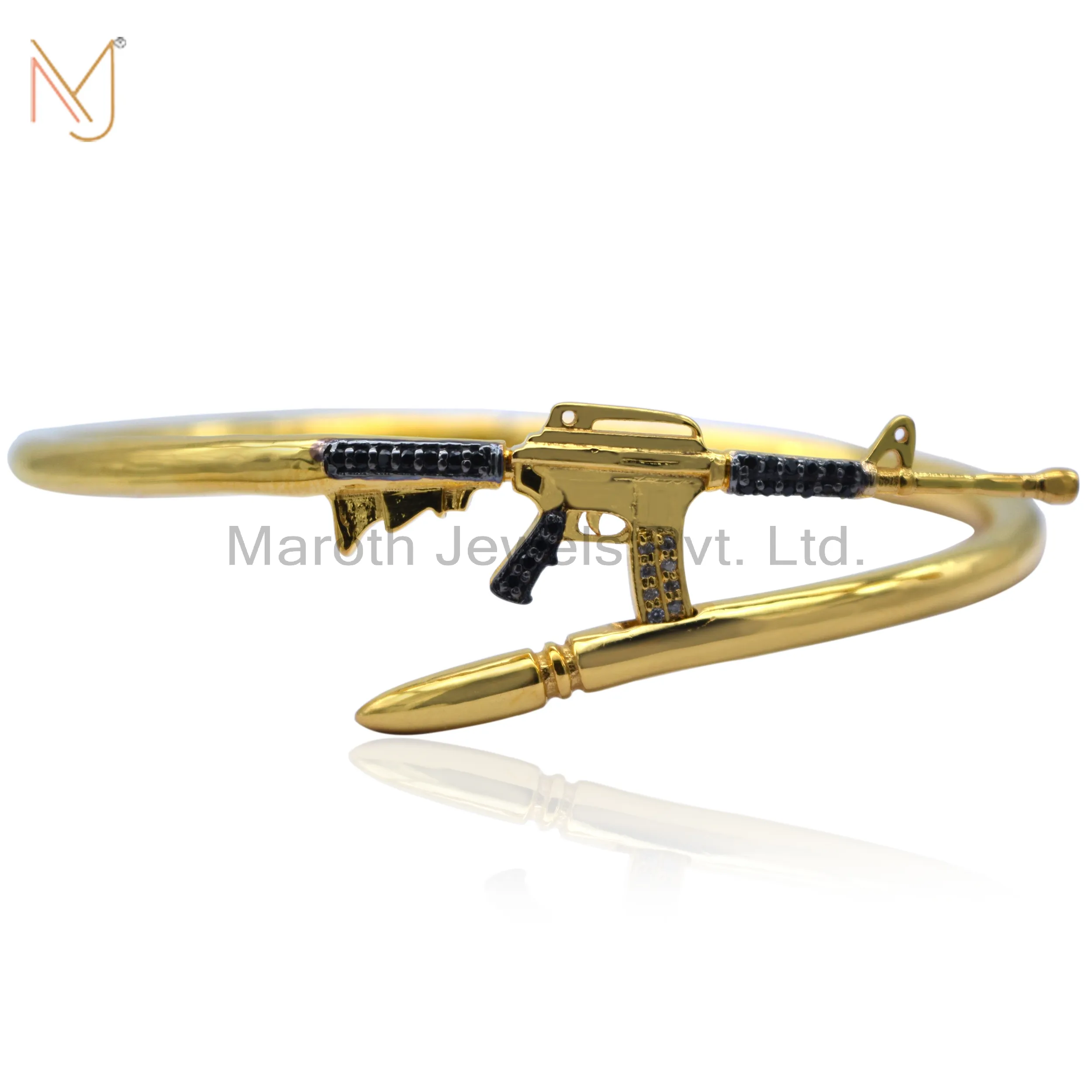 14K Yellow Gold Pave Diamond Black Spinel Bangle Gun Design Jewelry Manufacturer