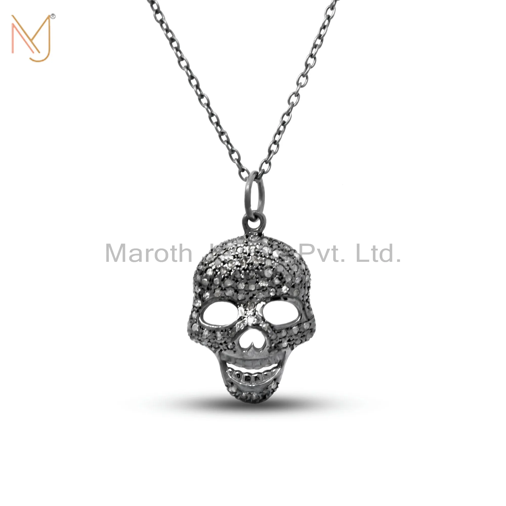 925 Silver Black Rhodium Diamond Skull Pendant Chain Necklace Set Jewelry USA