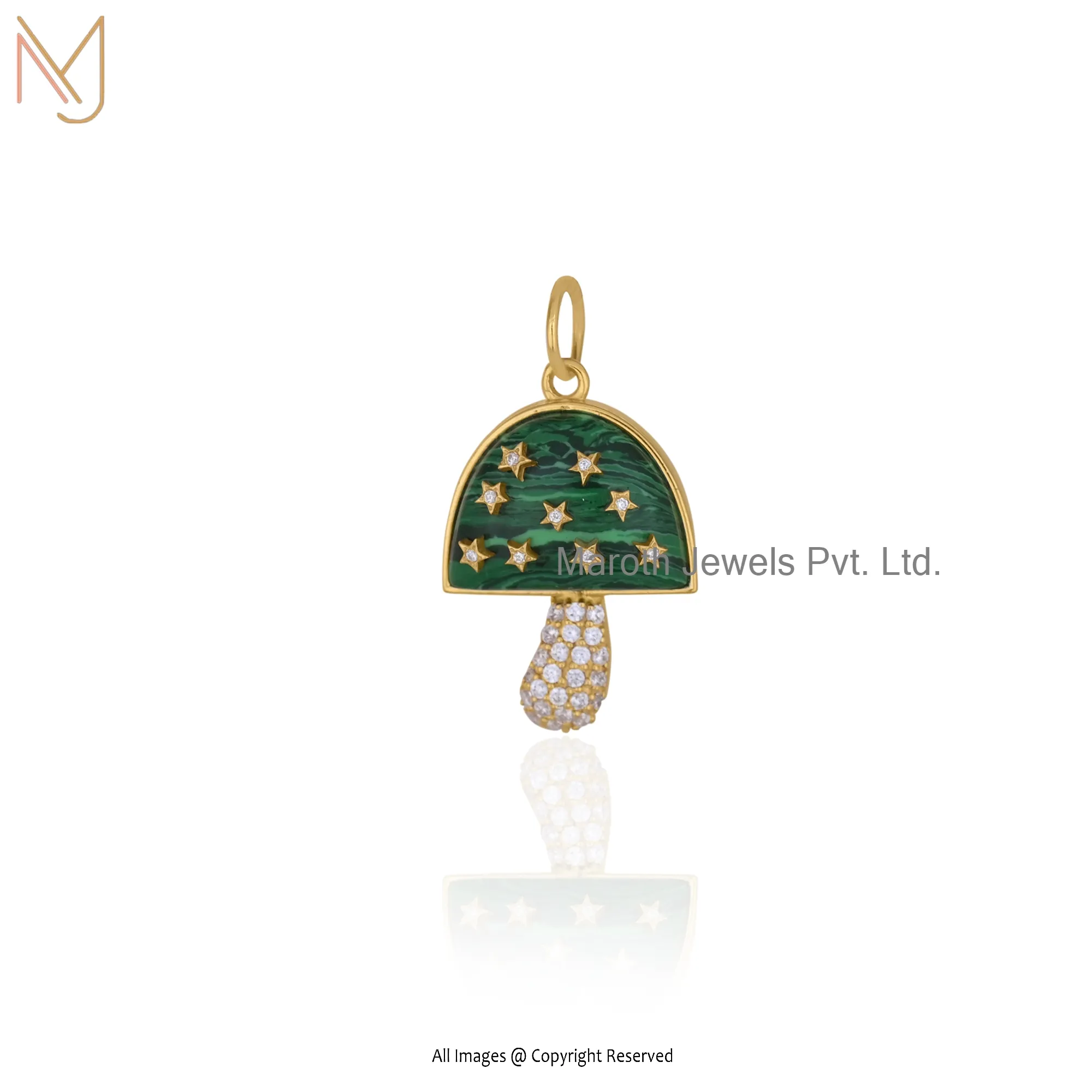 14K Yellow Gold Malachite And White Cubic Zircoina Mushroom Pendant USA