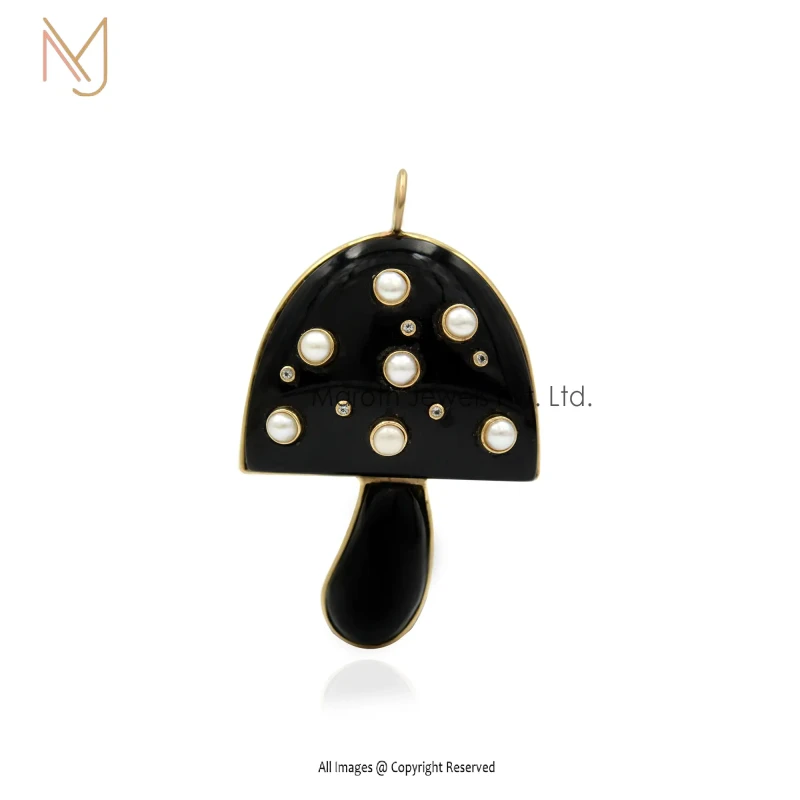 Wholesale 925 Silver Yellow Gold Black Onyx & Pearl & CZ Mushroom Pendant