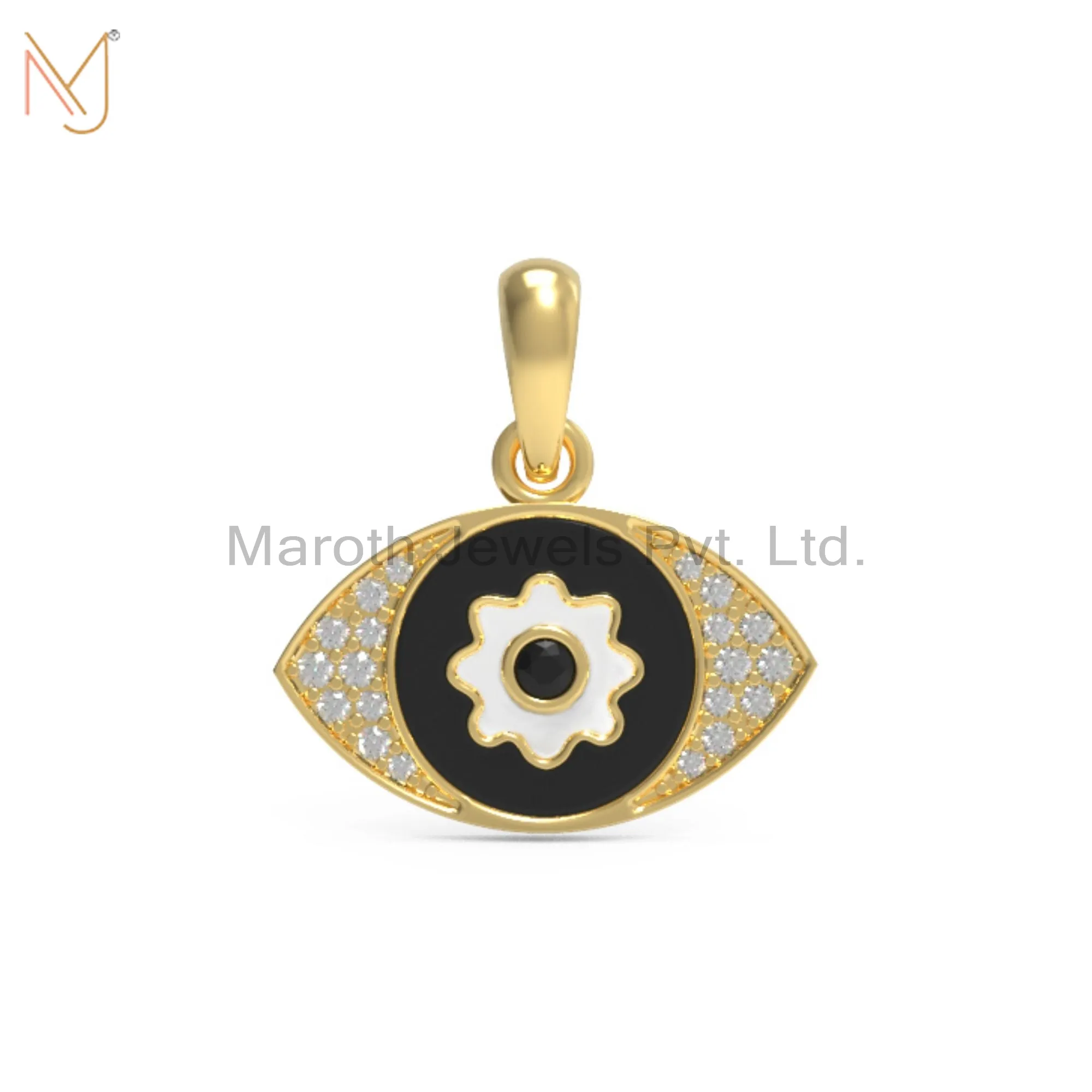 14K Yellow Gold Plated Diamond & Black Spinel Gemstone Evil Eye Charm Pendant Custom Jewelry