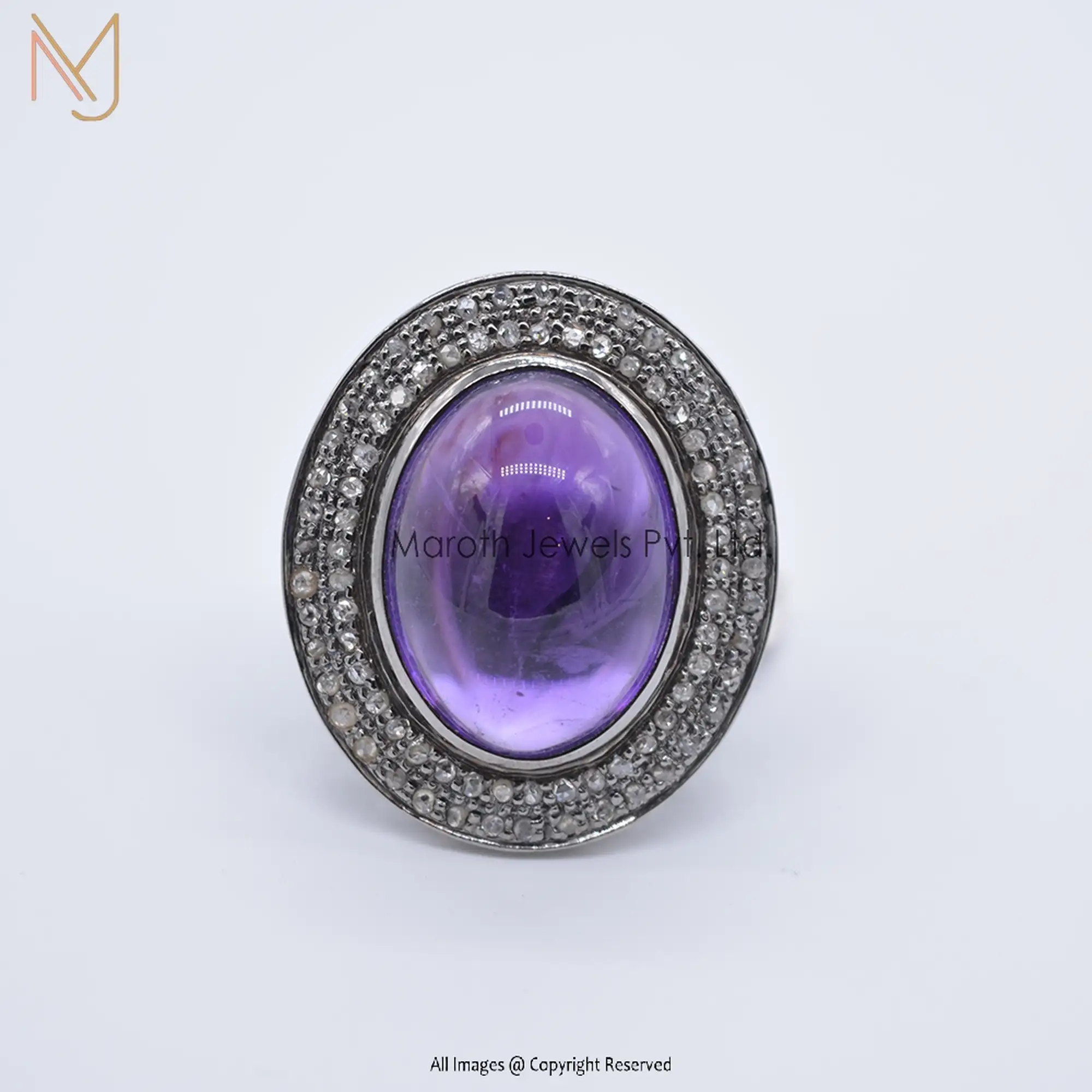 925 Silver Rhodium Pave Diamond Amethyst Gemstone Ring Jewelry Manufacturer