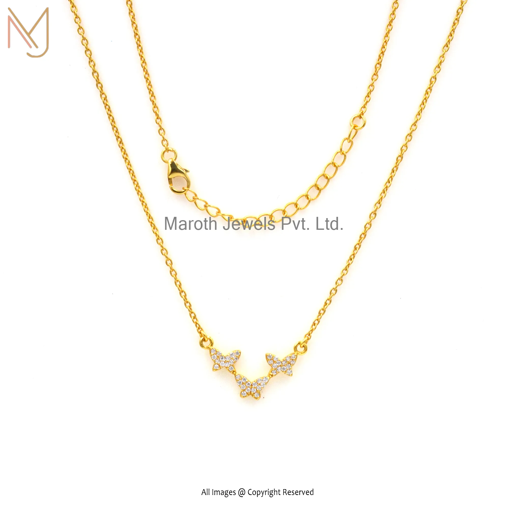 Private Label 925 Silver Yellow Gold Plated CZ Butterfly Necklace