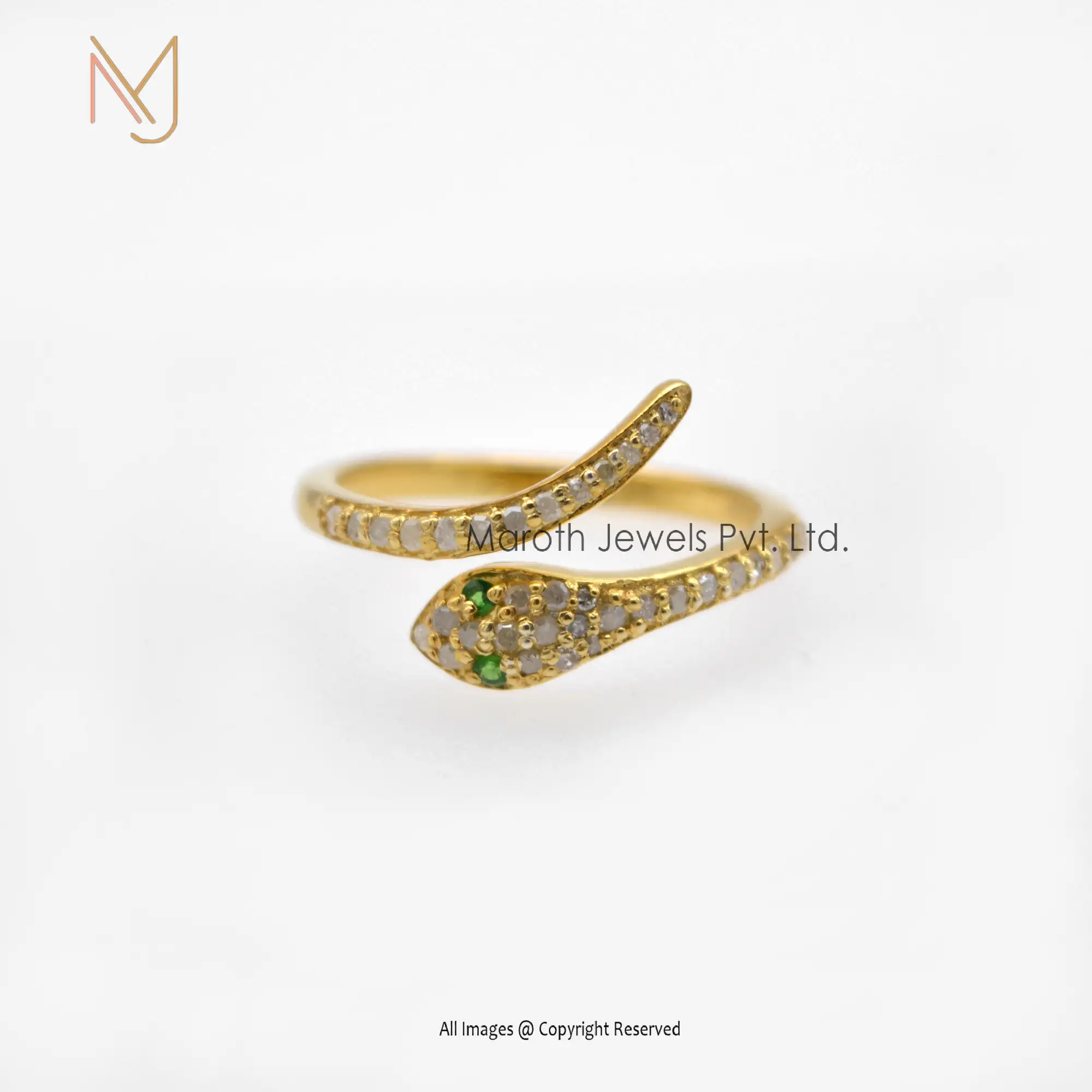 14K Yellow Gold Diamond & Emerald Snake Ring Jewelry Manufacturer