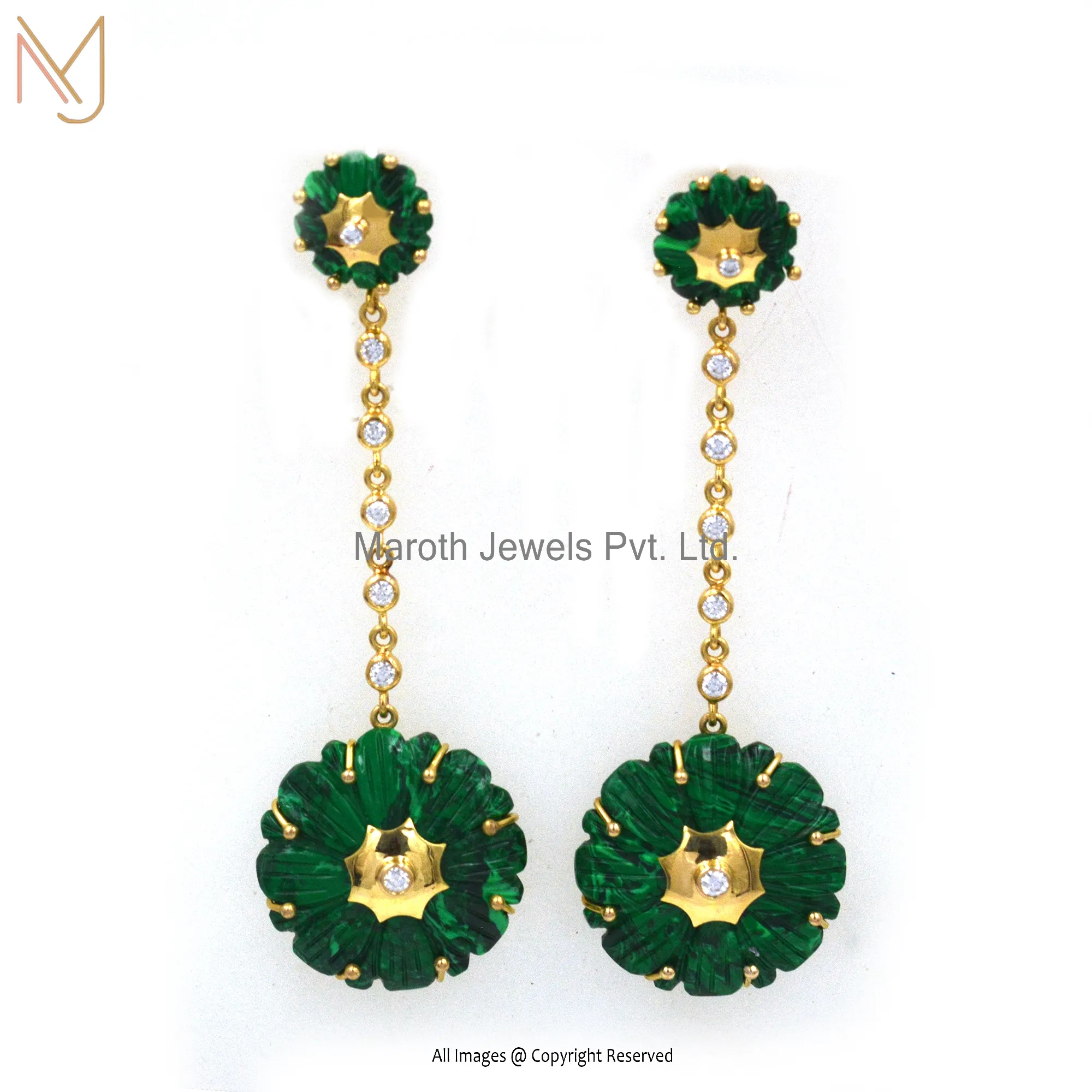 925 Silver Yellow Gold Plated Malachite Cubic Zircoina Flower Earrings Manufacturer