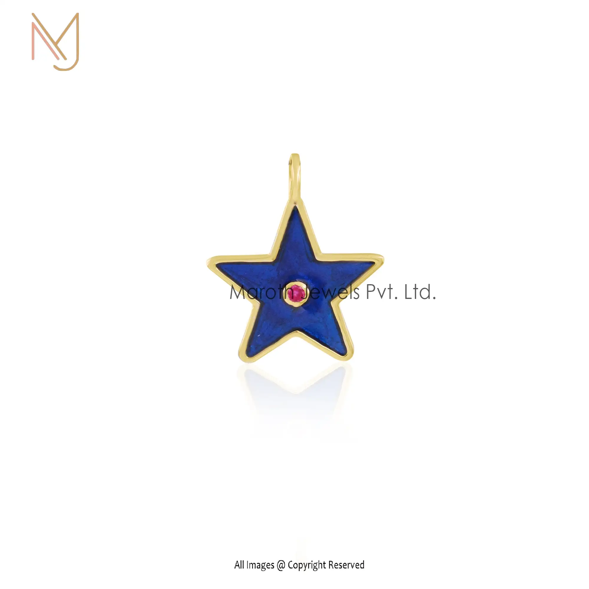 925 Silver Yellow Gold Blue Enamel & Ruby Star Pendant Jewelry Suppiler