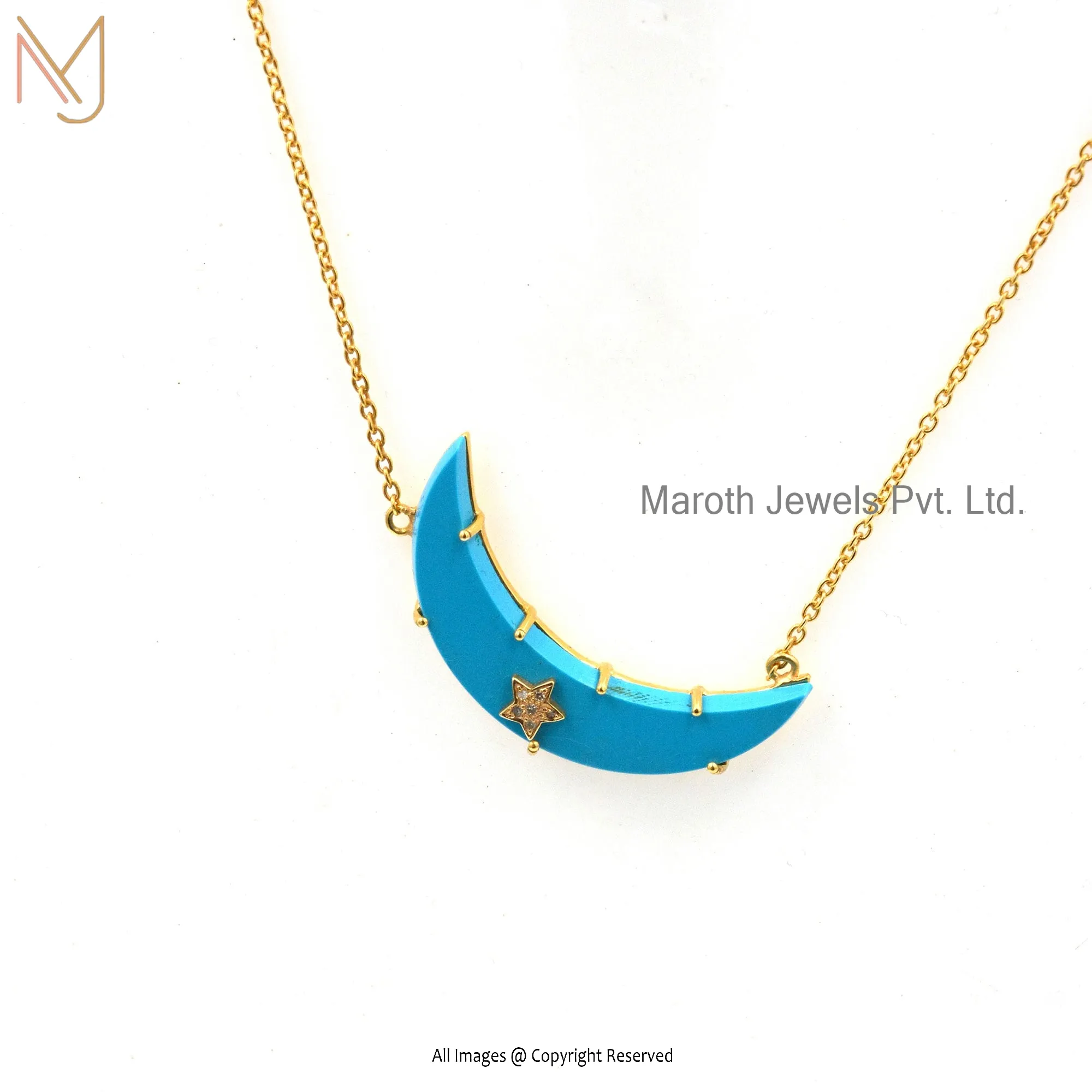 Private Label 14k Yellow Gold Malachite & Diamond Celestial Crescent Necklace