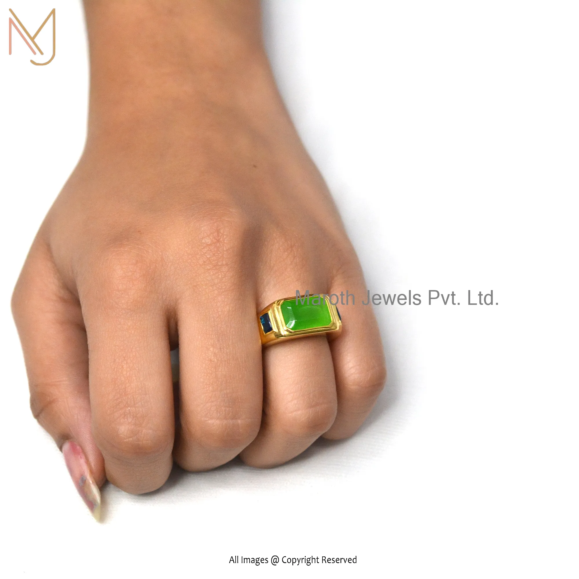 925 Silver Yellow Gold Green CZ Signet Men Ring Jewelry Manufacturer