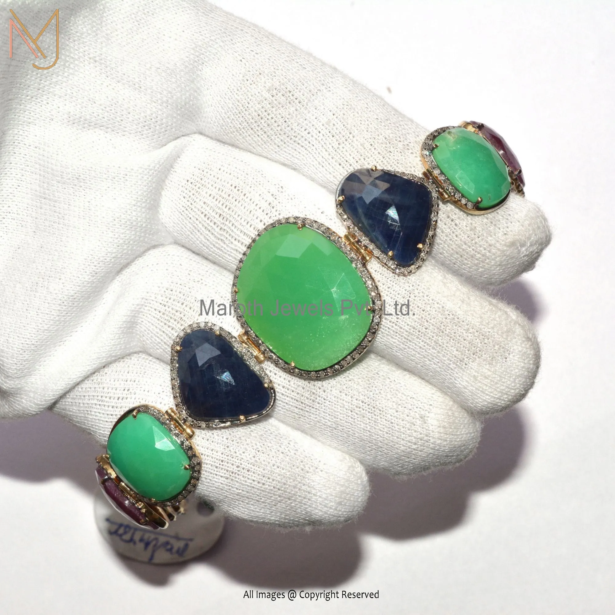 Wholesale 925 Silver Rhodium Yellow Gold Plated Pave Diamond Garnet & Blue Sapphire & Green Quartz Gemstone Designer Bracelet