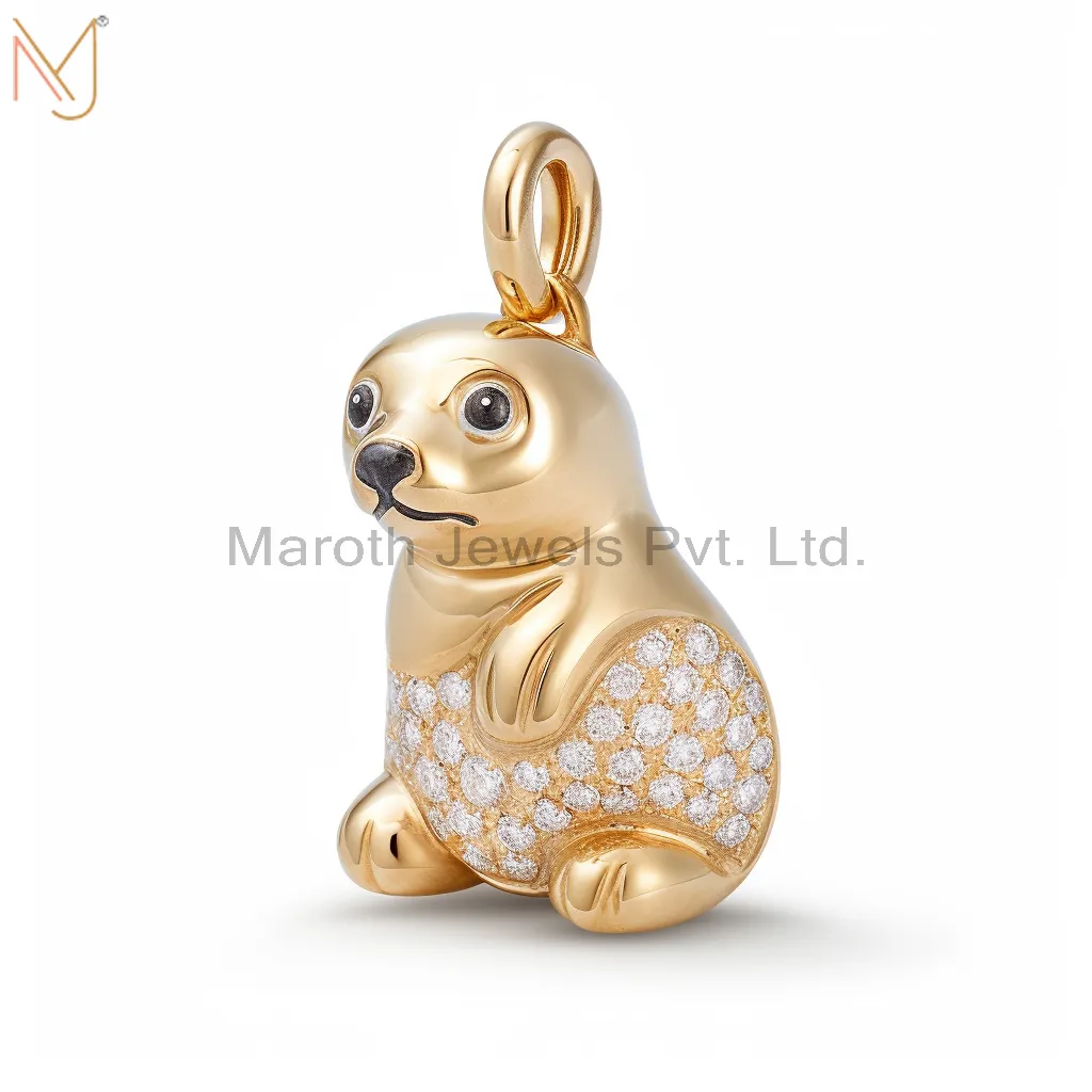 925 Sterling Silver Yellow Gold Plated Moissanite Sea Lions Charm Pendant Custom Jewelry