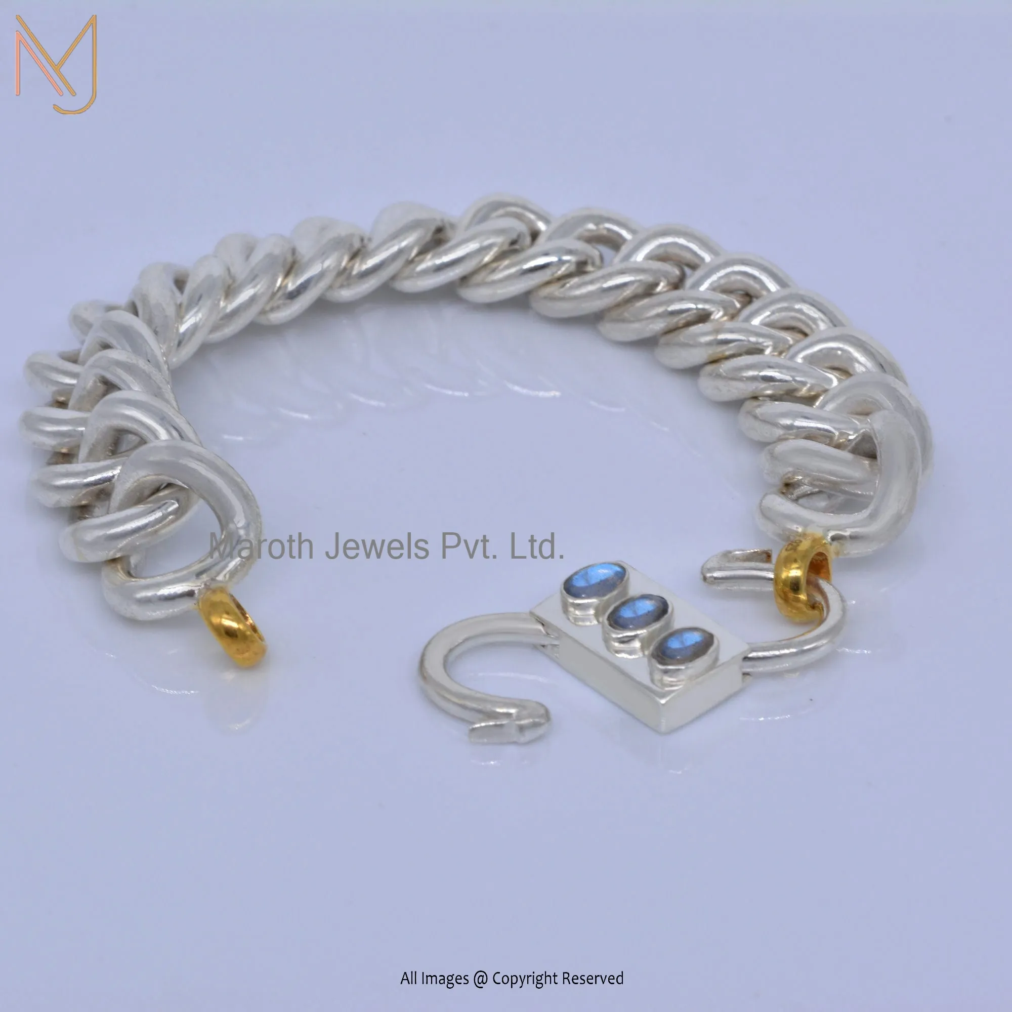 925 Silver White Gold & Yellow Gold Labradorite Gemstone Padlock Chain Bracelet Jewelry Manufacturer