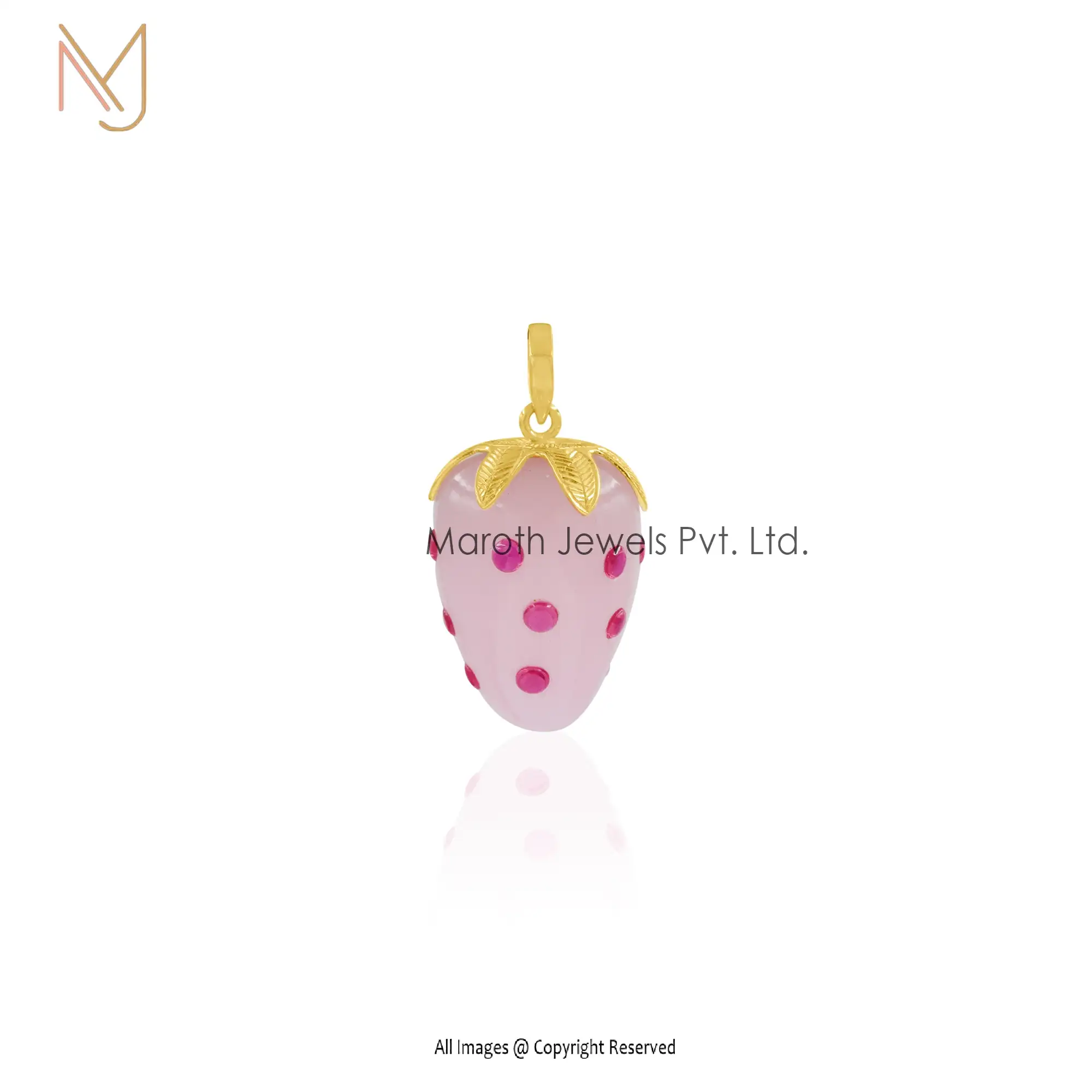 14k Yellow Gold Rose Quartz & Ruby Strawberry Pendant Jewelry Supplier