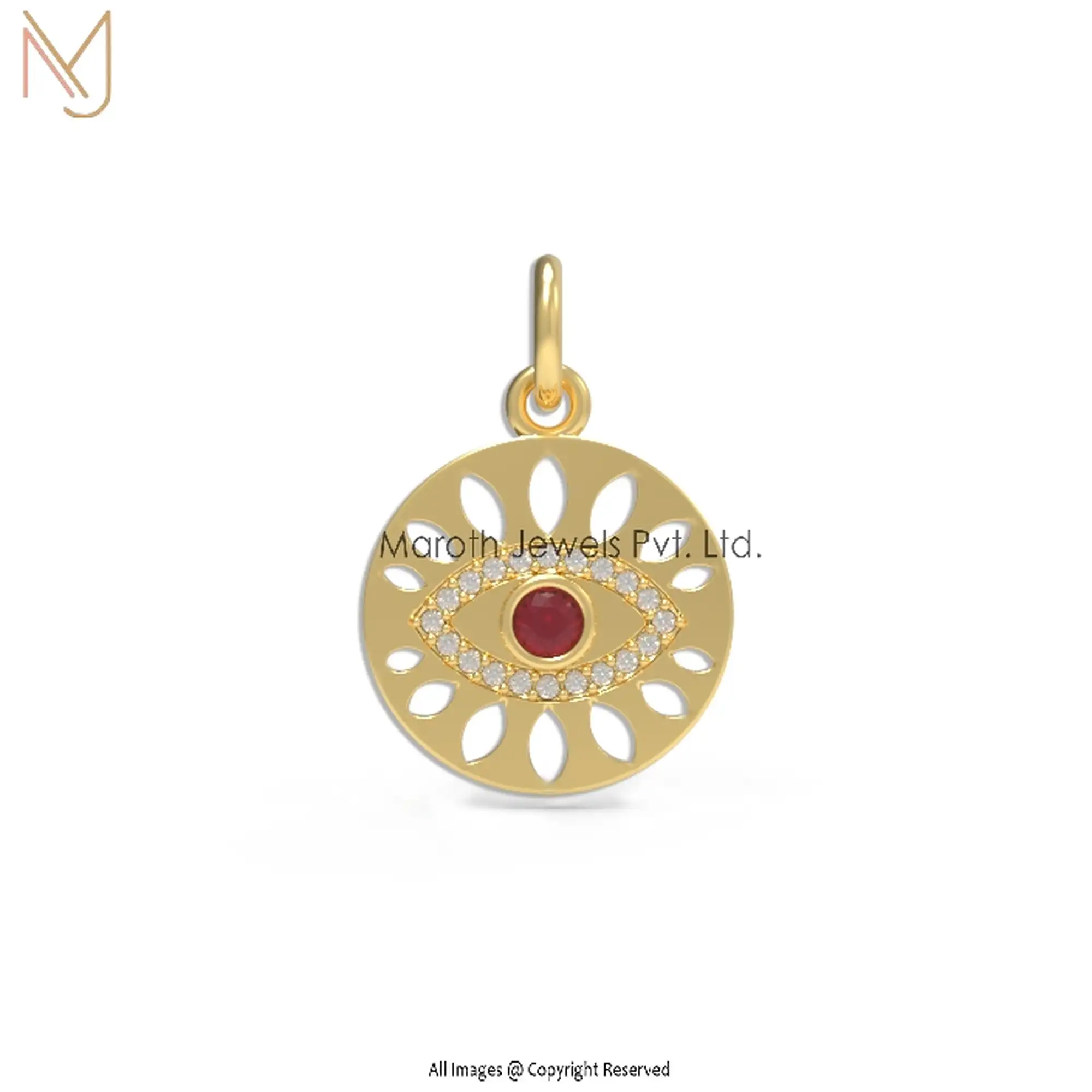 14K Yellow Gold Pave Diamond & Ruby Evil Eye Round Disc Pendant Jewelry USA