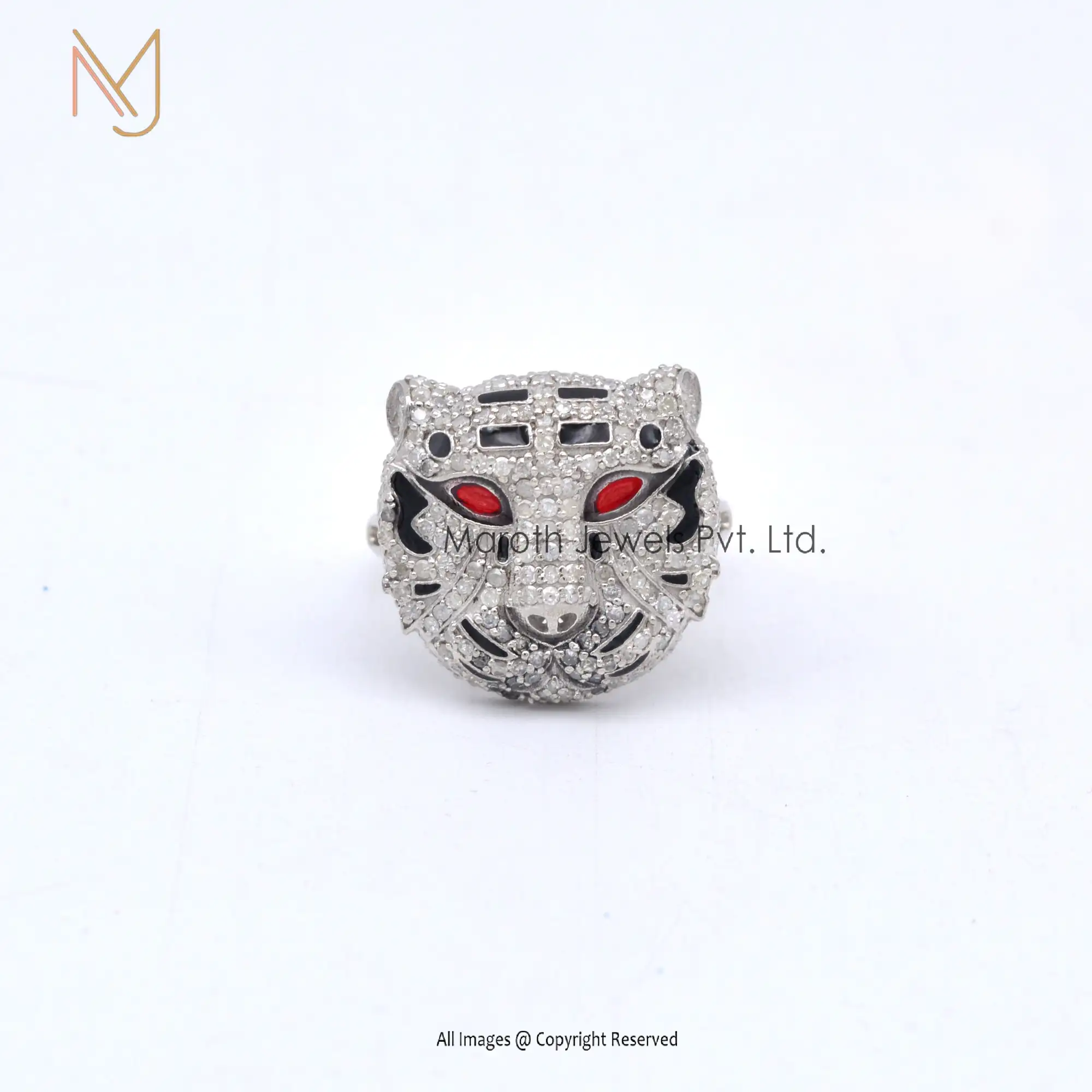 Wholesale 925 Silver White Gold Plated Pave Diamond Black Enamel Panther Design Ring