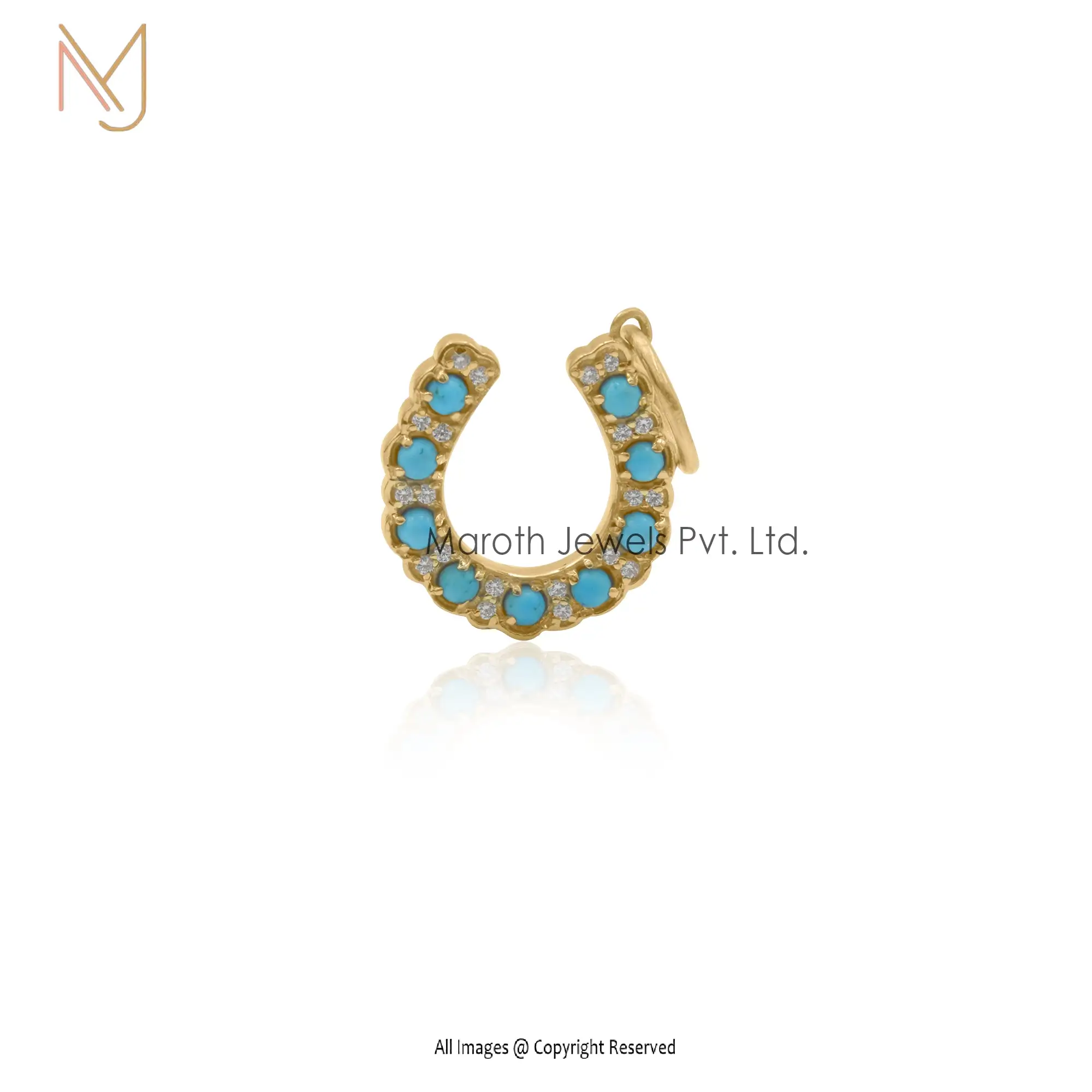 14K Yellow Gold Turquoise And Diamondsi3 Horseshoe Charm Pendant USA