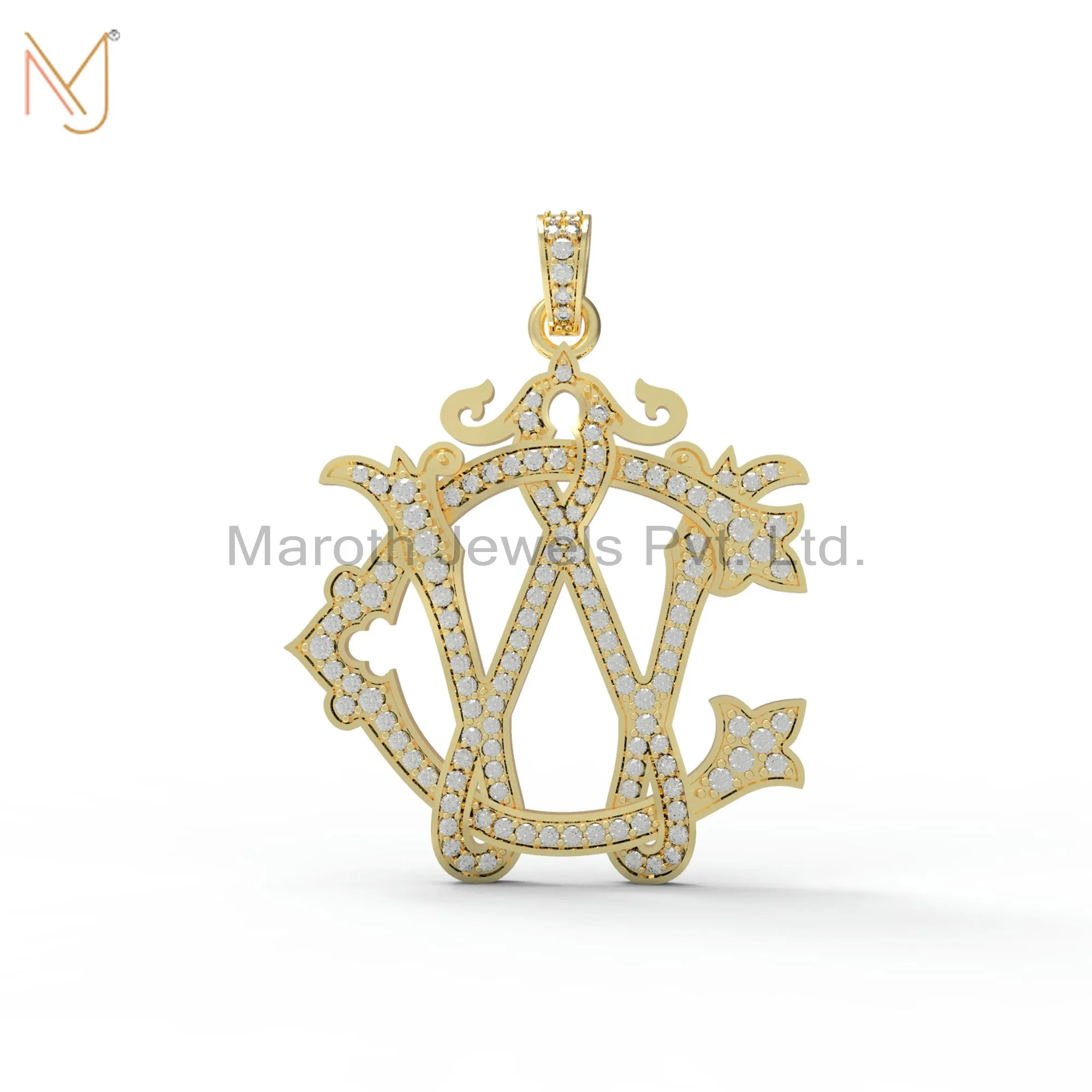 14K Yellow Gold Plated Pave Diamond WC CW Letter Monogram Pendant Custom Jewelry