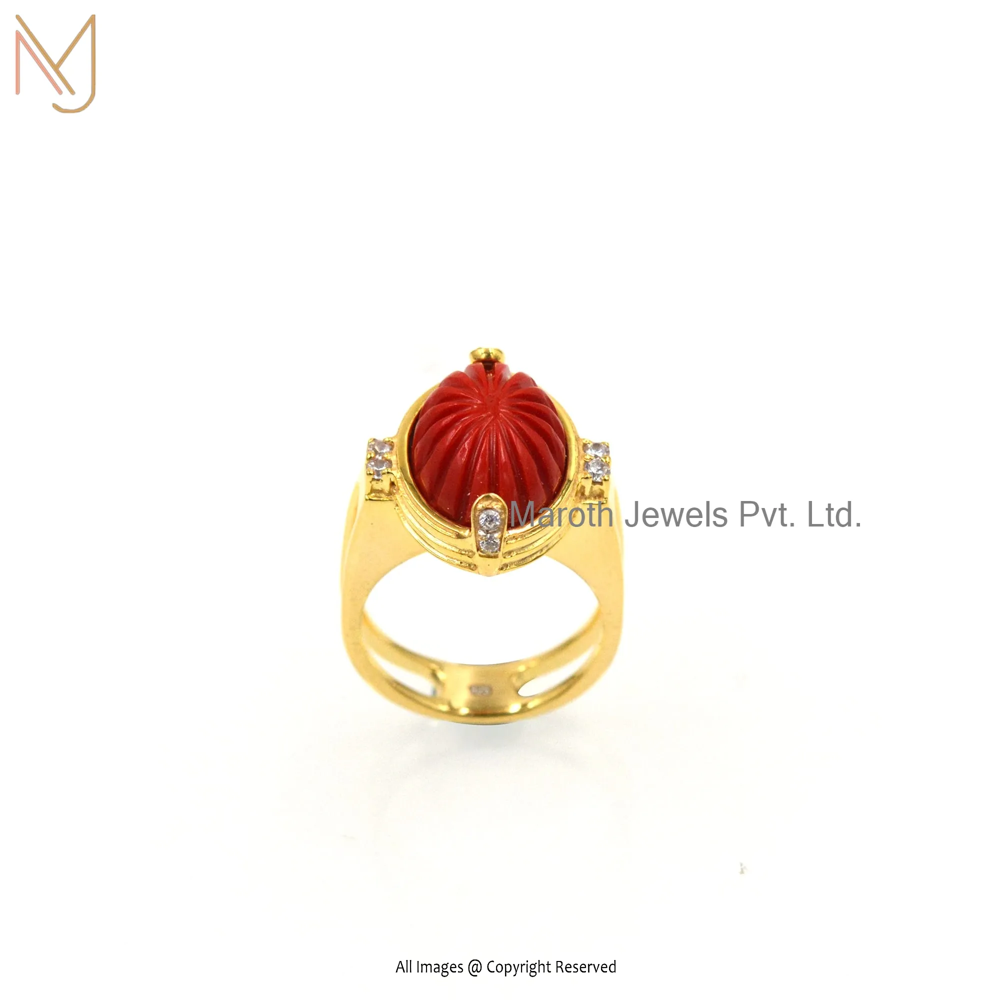 925 Silver Yellow Gold Plated Red Coral Statement Ring Jewelry Manufacturer