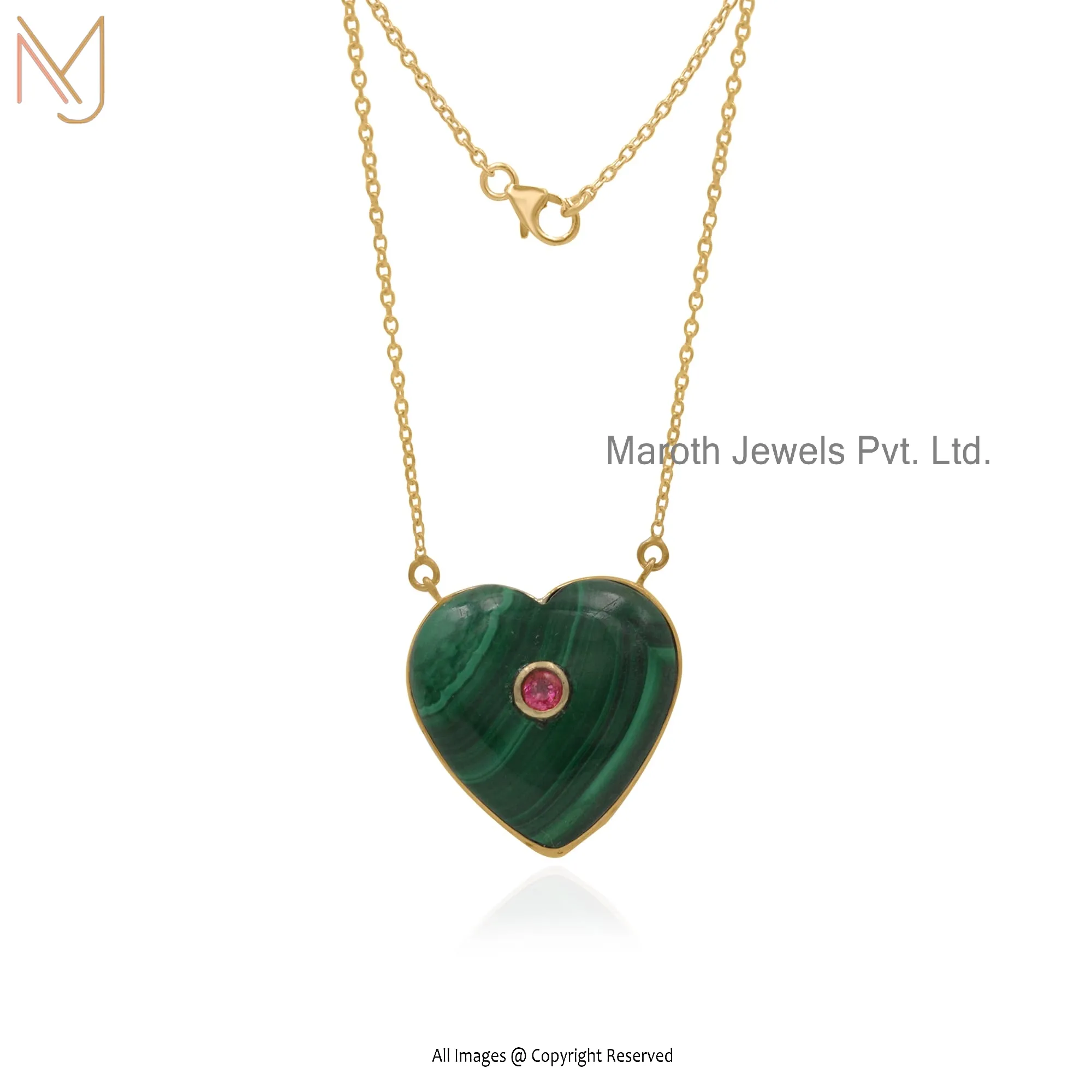 925 Silver Yellow Gold Malachite & Pink Tourmaline Heart Pendant Necklace Manufacturer