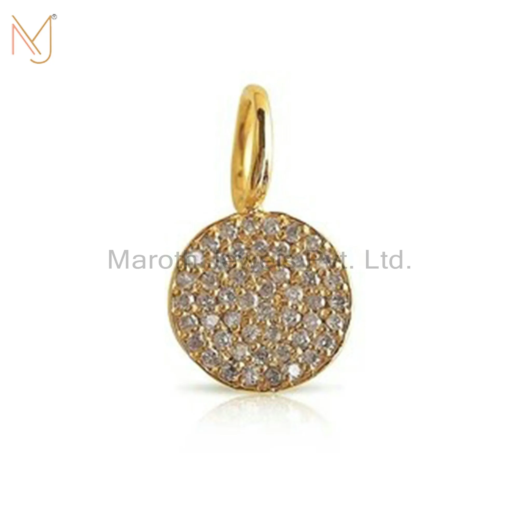 925 Silver Yellow Gold Pave Diamond Round Disc Pendant Custom Jewelry