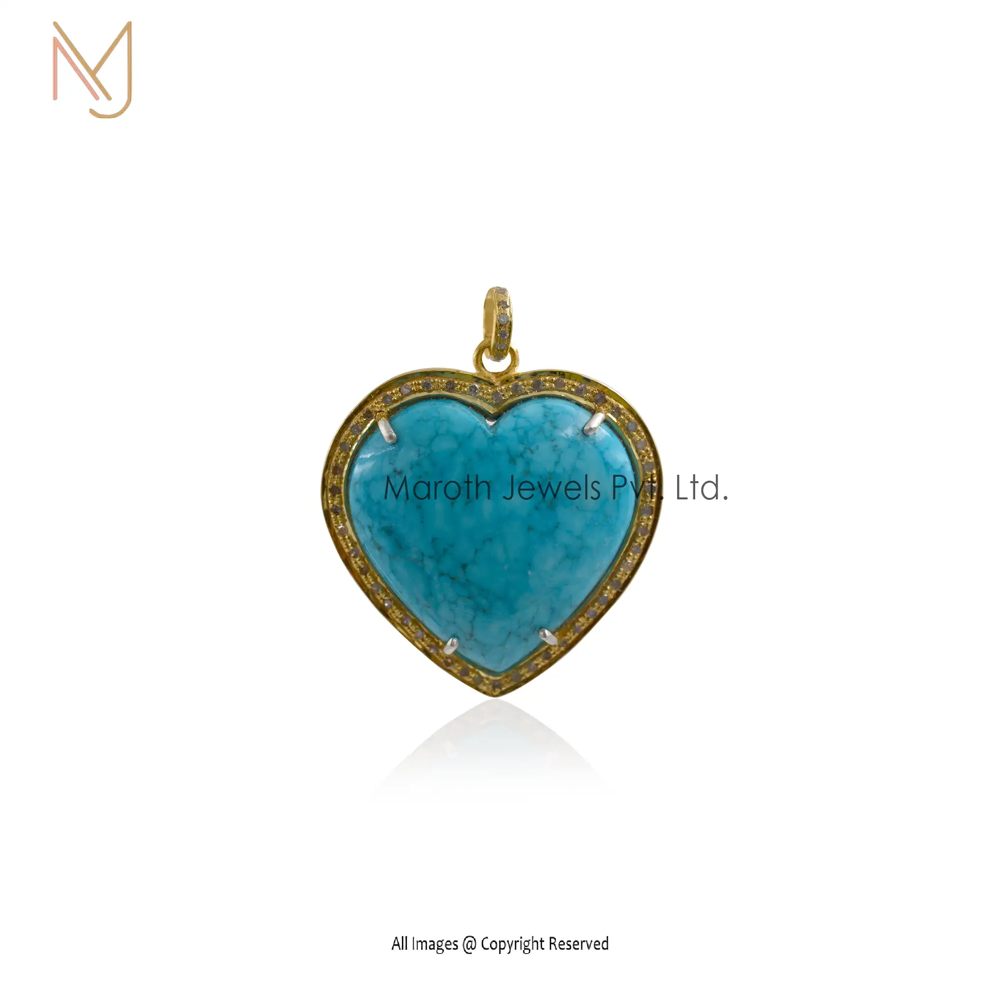 925 Silver Yellow Gold Diamond & Turquoise Heart Pendant Jewelry USA