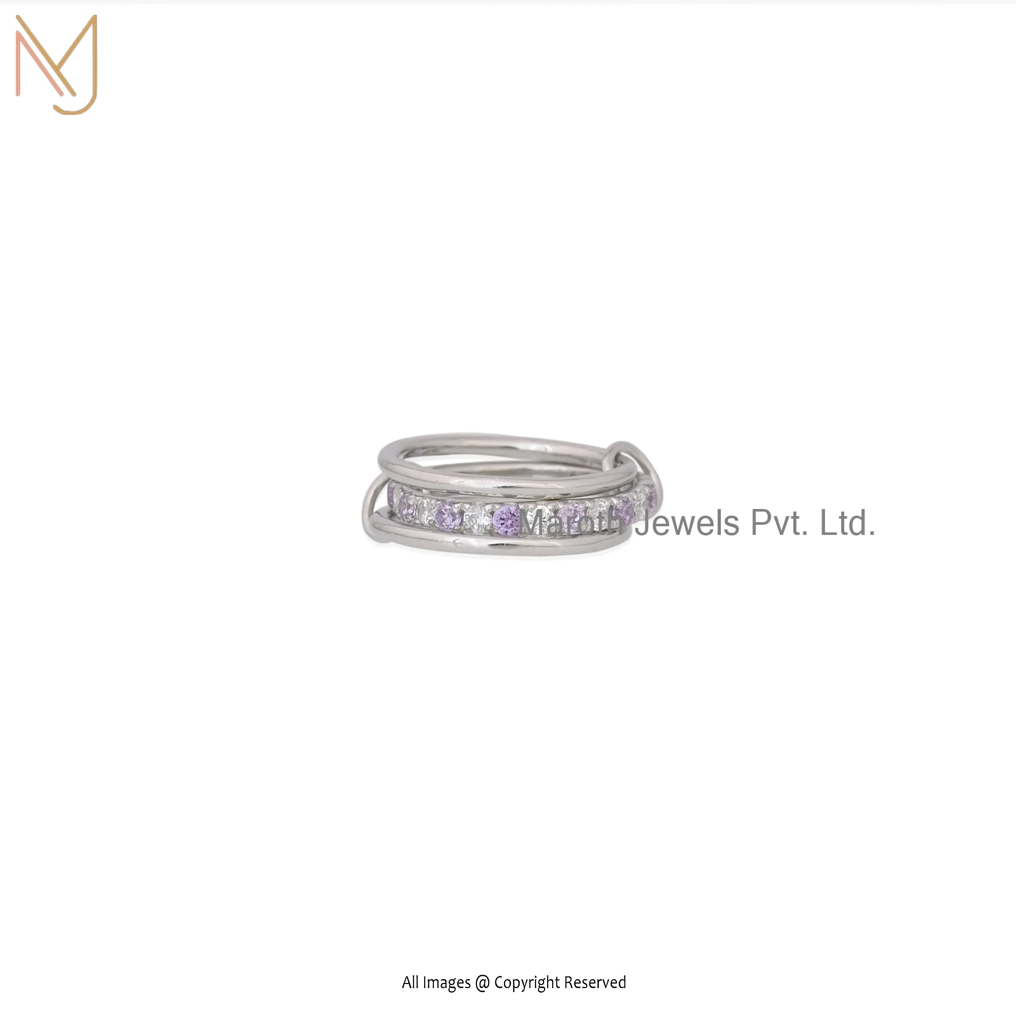 925 Silver White Gold Plated Amethyst and White CZ Connected Ring Manufacturer