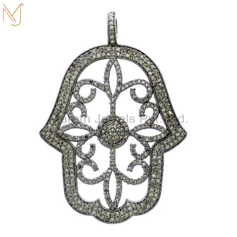 925 Sterling Silver Vintage Style Fine HAMSA HAND Diamond Pave Pendant Jewelry USA