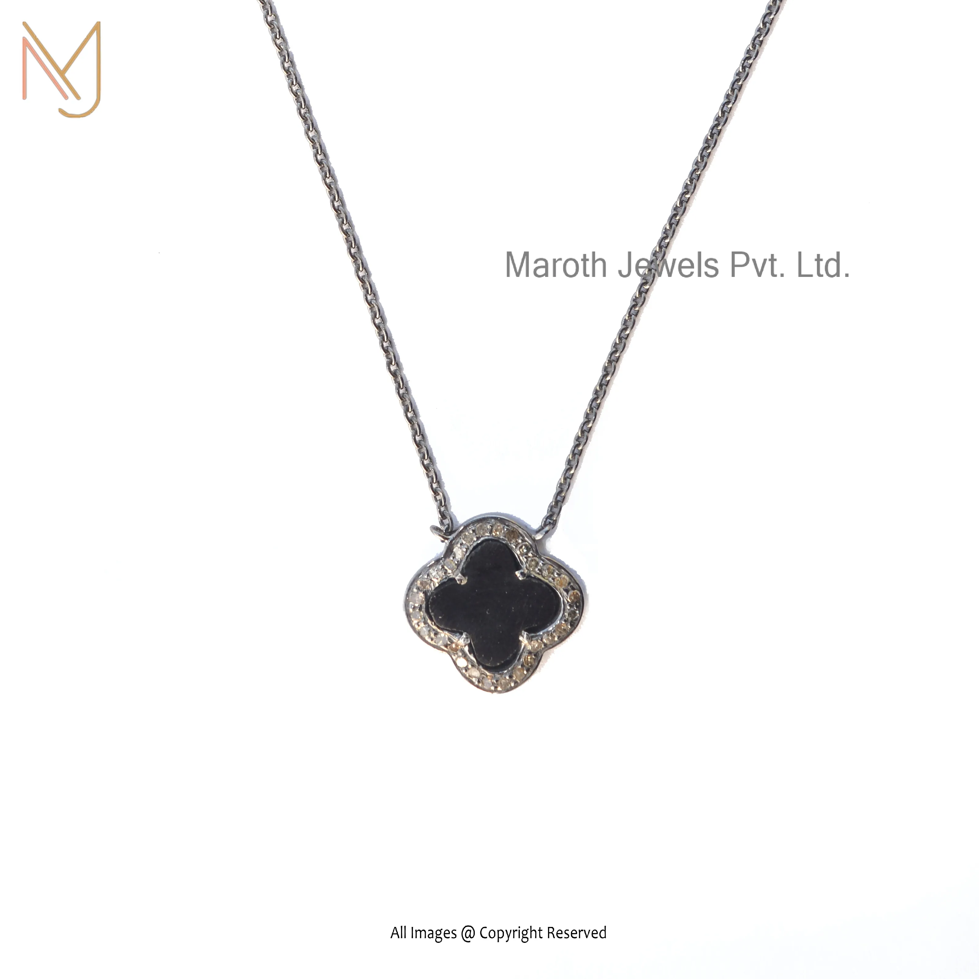 Wholesale 925 Silver Rhodium Pave Diamond & Black Spinel Clover Pendant Necklace