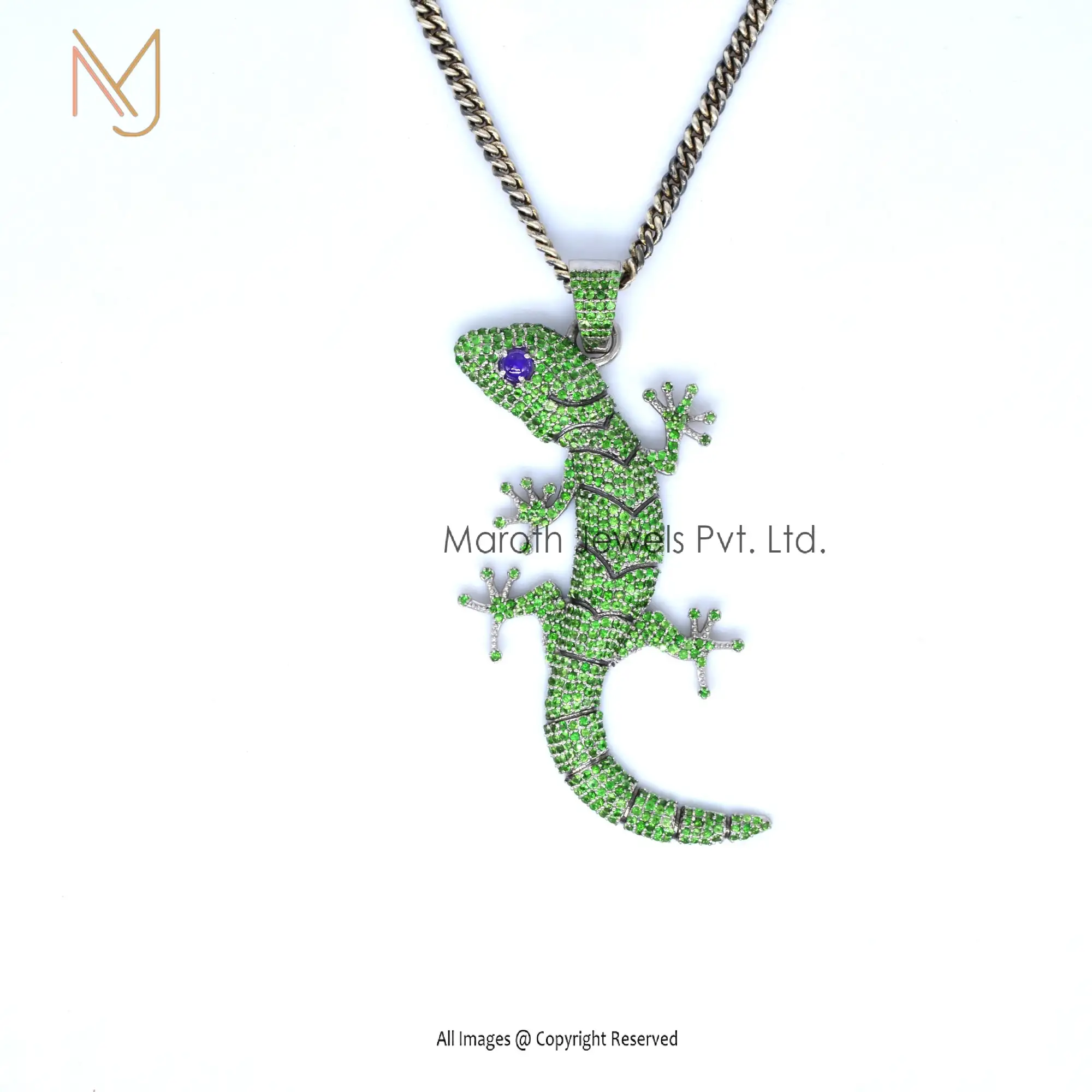 Wholesale 925 Silver White Gold Plated Tsavorite & Amethyst Antique Gecko Lizard Pendant Jewelry