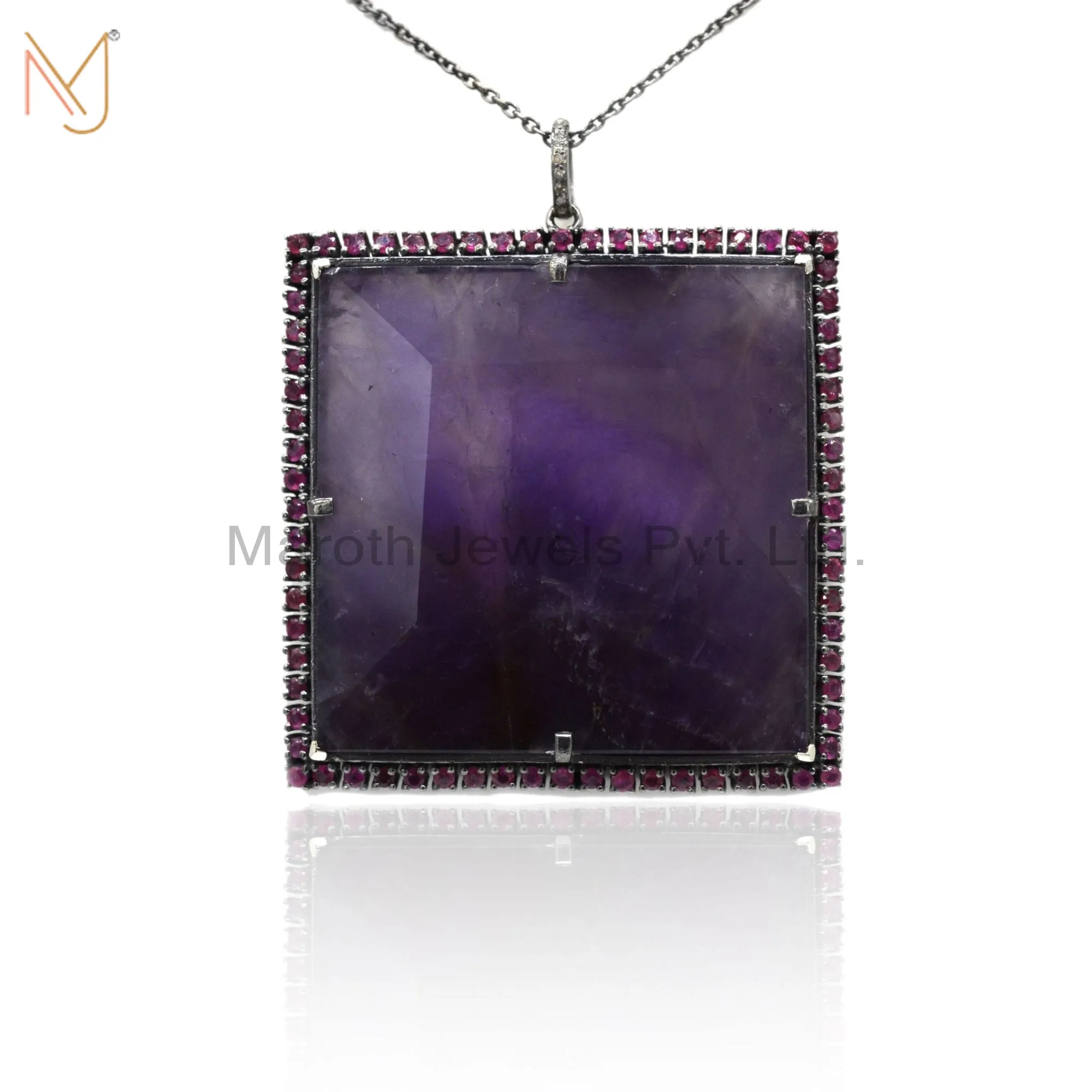 14K Yellow Gold Pave Ruby And Amethyst Gemstone Square Pendant Necklace Jewelry Manufacturer