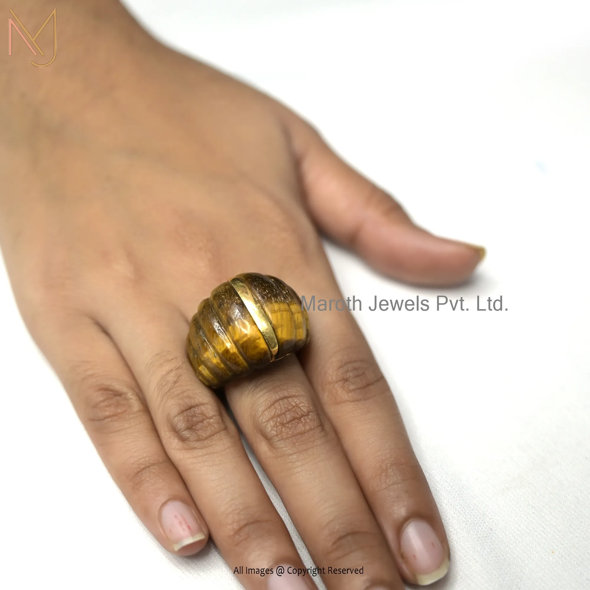 14K Yellow Gold Tiger Eye Dome Ring Jewelry Manufacturer