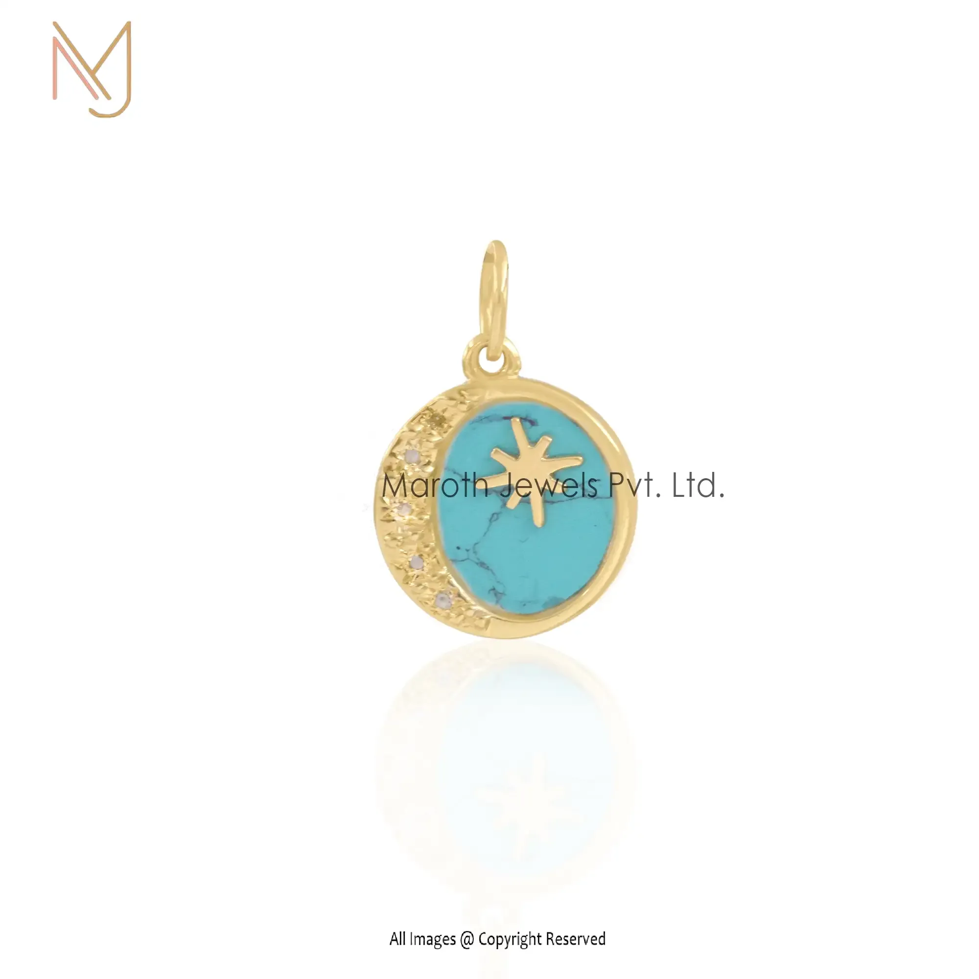 14K Yellow Gold Moissanite & Turquoise Moon Star Disc Pendant Jewelry USA