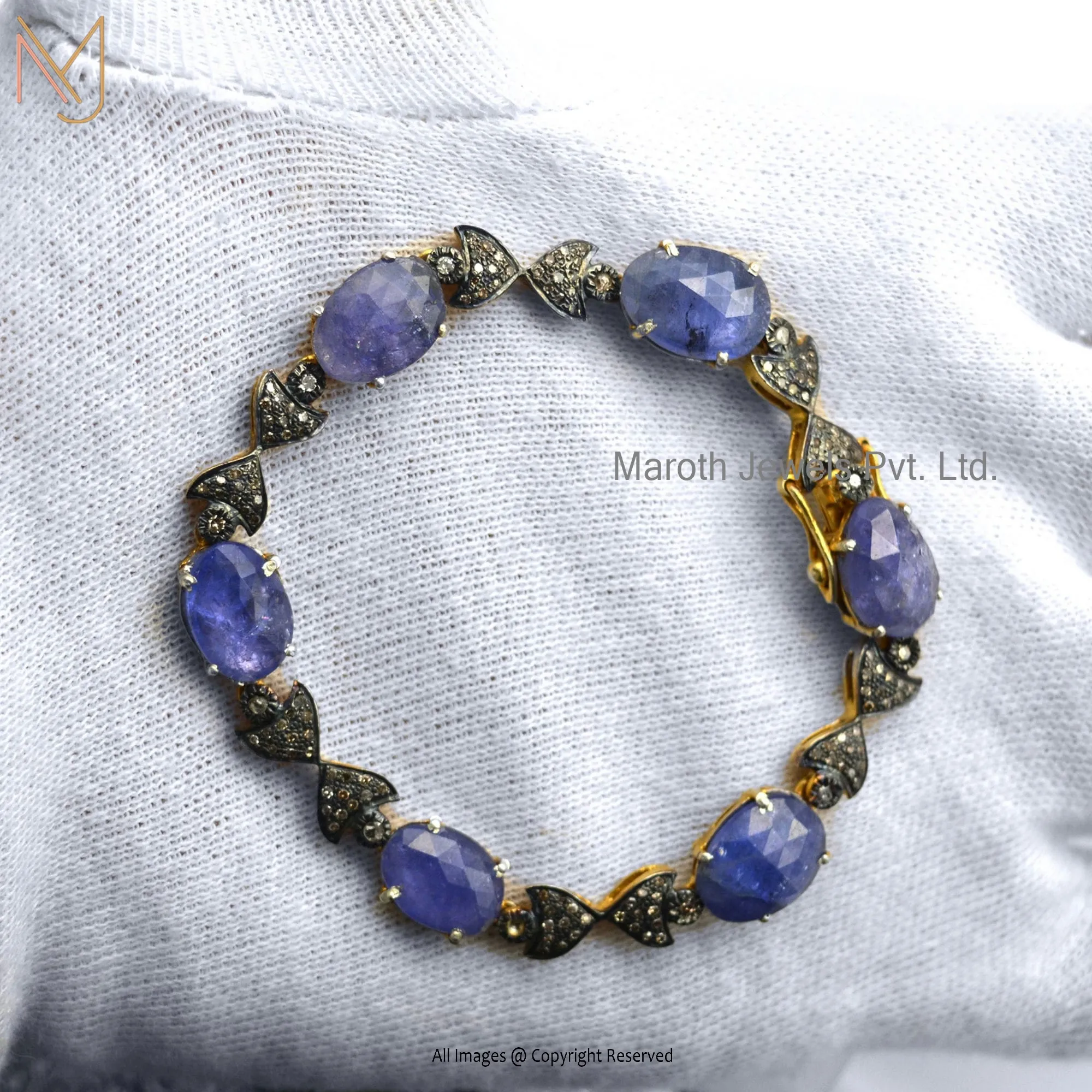 925 Silver Yellow Gold Rhodium Plated Pave Diamond Tanzanite Gemstone Bracelet Jewelry Supplier