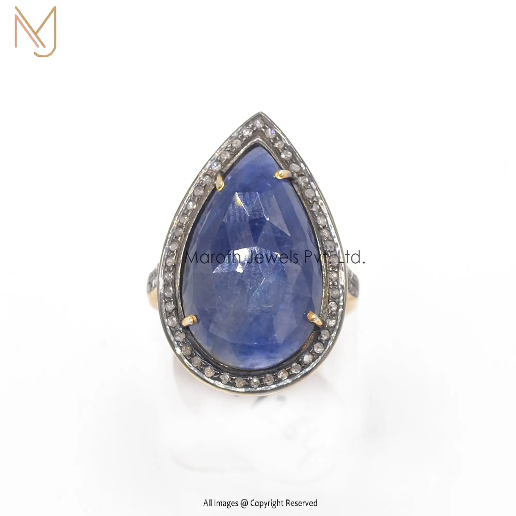 925 Silver Rhodium Yellow Gold Pave Diamond Blue Sapphire Gemstone Ring Jewelry Manufacturer