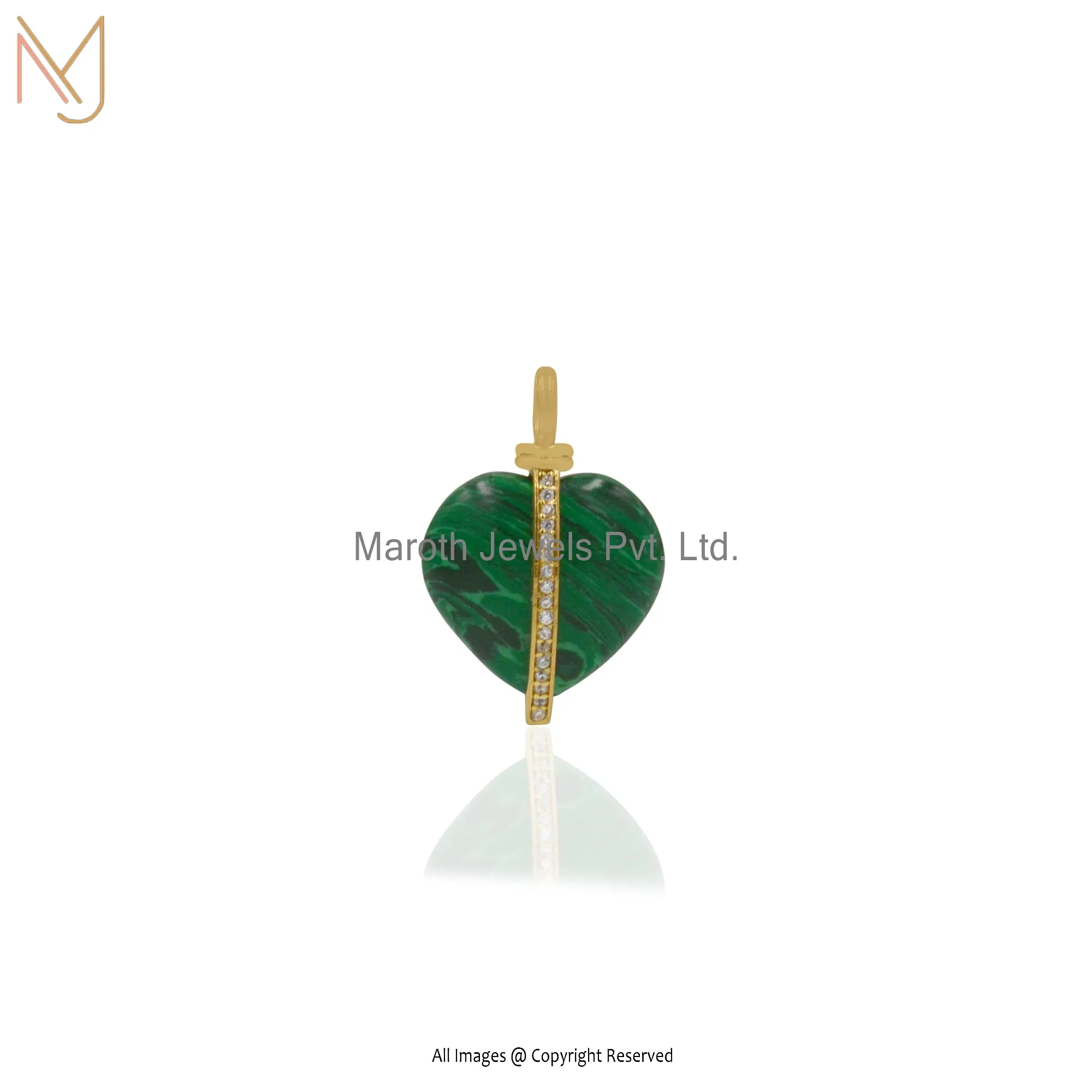 925 Silver Yellow Gold  Malachite & Cubic Zircon Heart Pendant Manufacturer