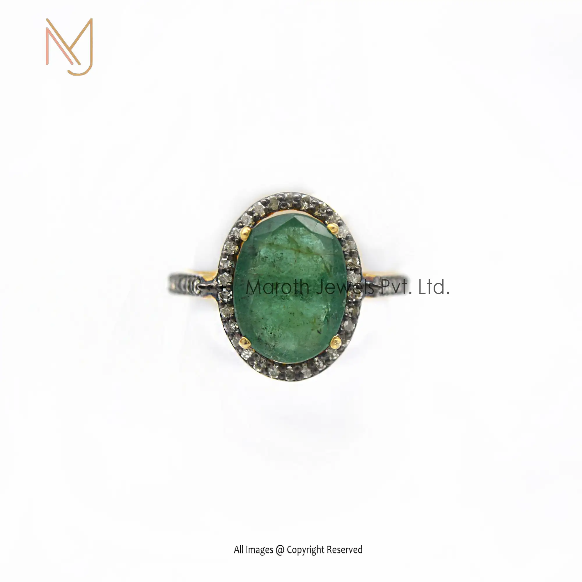 Wholesale 92.5 Silver Rhodium Plated Pave Diamond And Emerald Gemstone Ring Jewelry