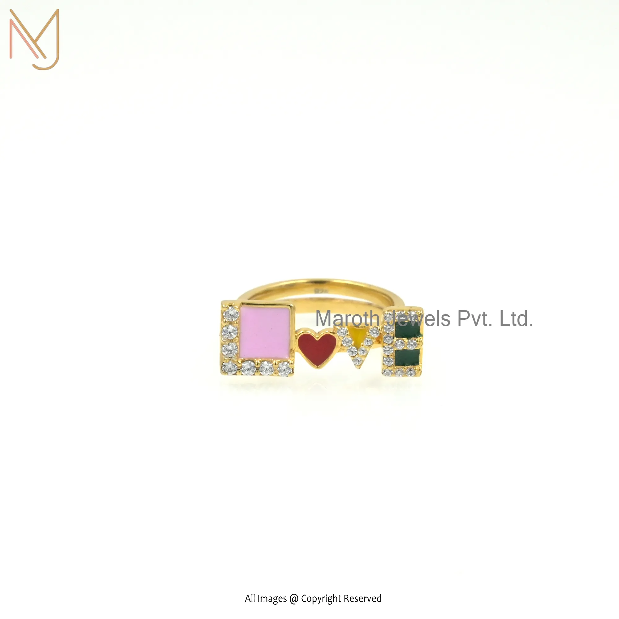 Wholesale 925 Silver Yellow Gold White Cubic Zircon Pink Red Yellow Green Enamel Love Ring