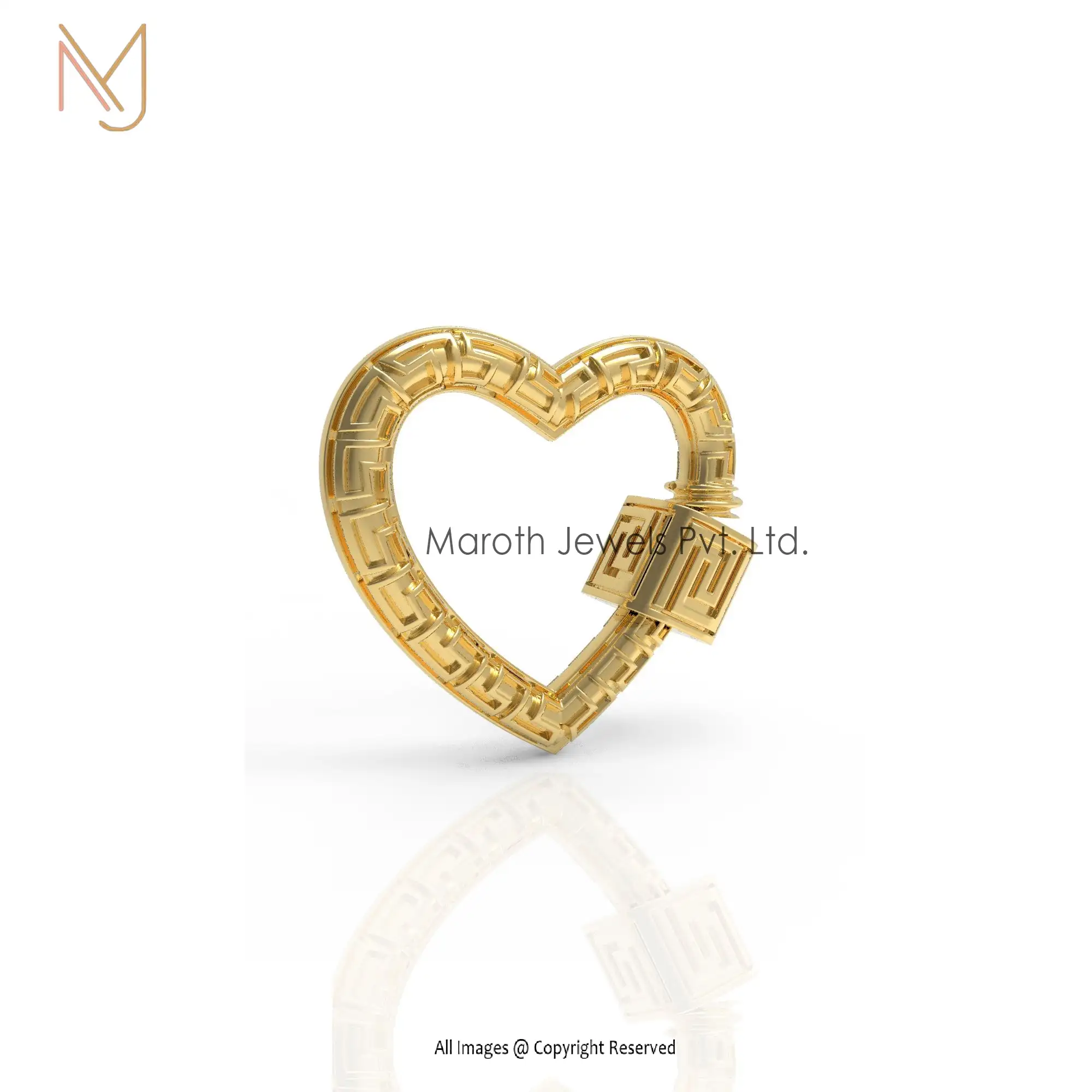 14K Yellow Gold Engraved Heart Designs Carabiner Lock Jewelry Manufacturer