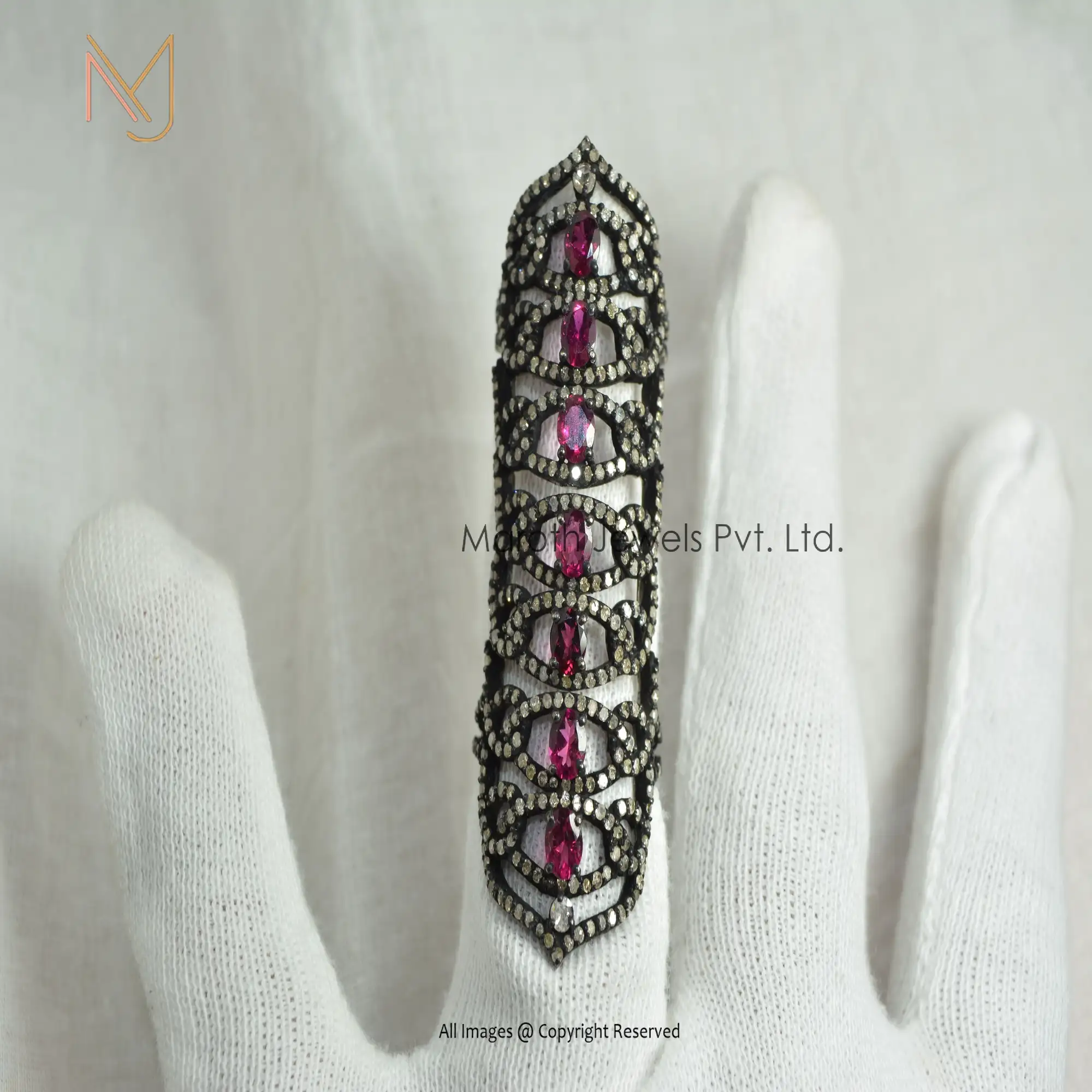 925 Silver Black Oxidized Plated Pave Diamond Pink Sapphire Gemstone Ring Manufacturer