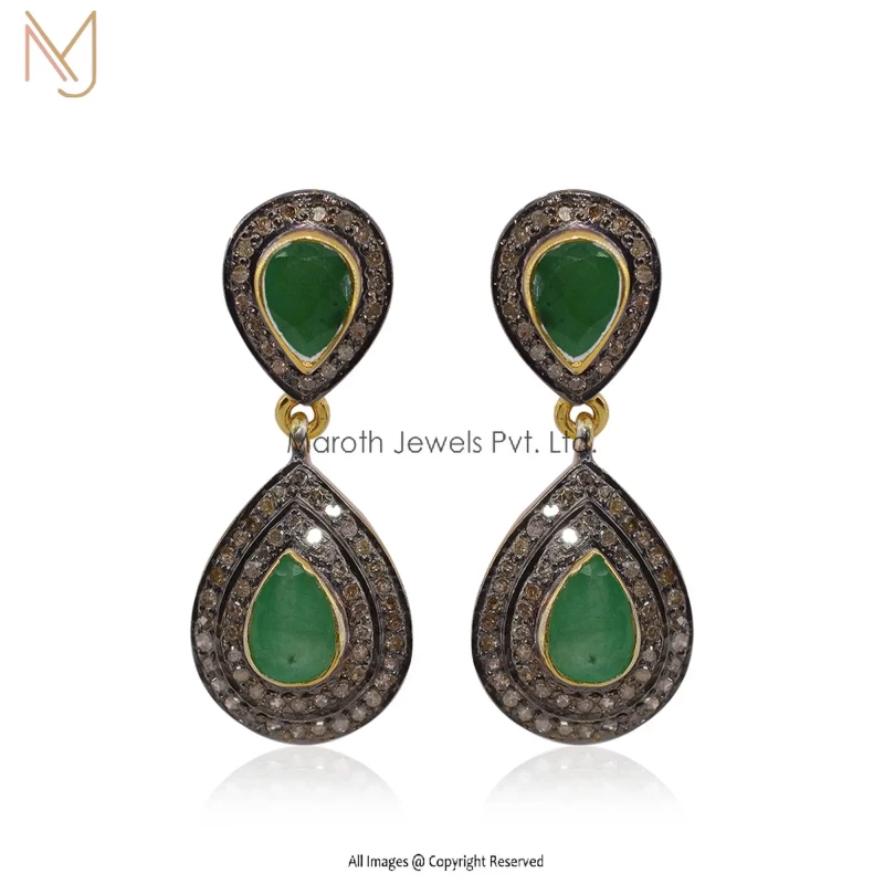 925 Silver Yellow Gold Rhodium Plated Pave Diamond Emerald Designer Earring Manufacturer