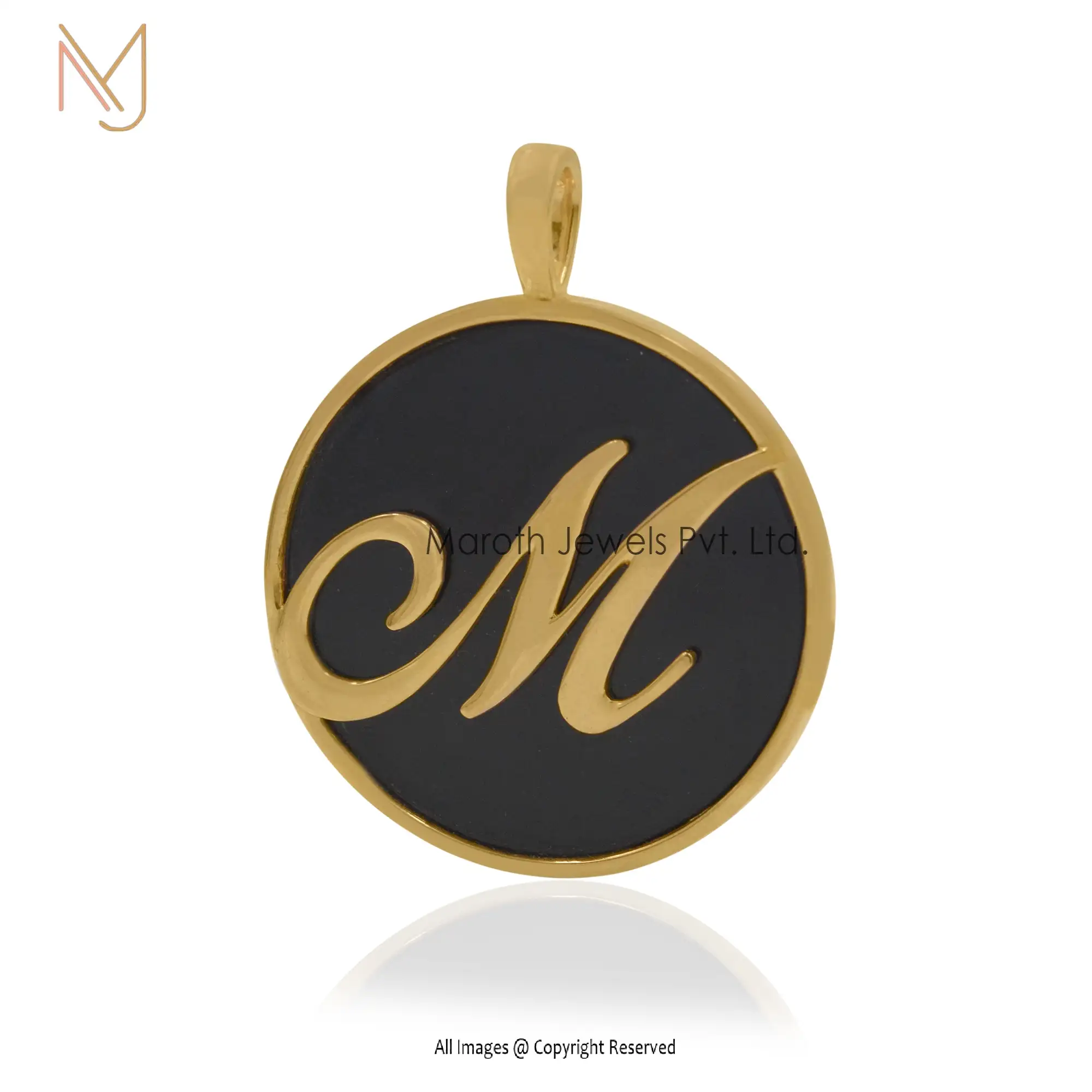 Private  Lable 925 Silver Yellow Gold Letter M Black Onyx Pendant Jewelry