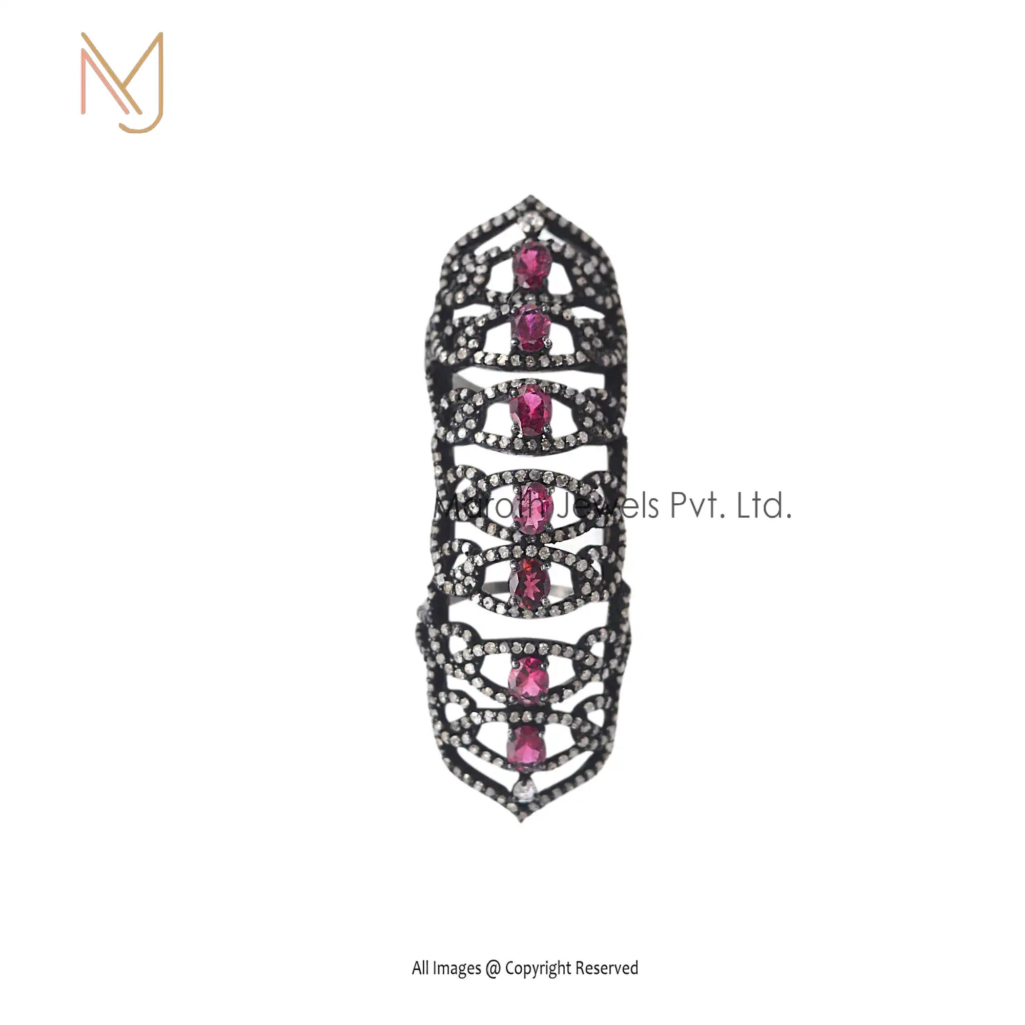 925 Silver Rhodium Pave Diamond And Ruby Gemstone Designer Knuckle Party Wear Ring Manufacturer