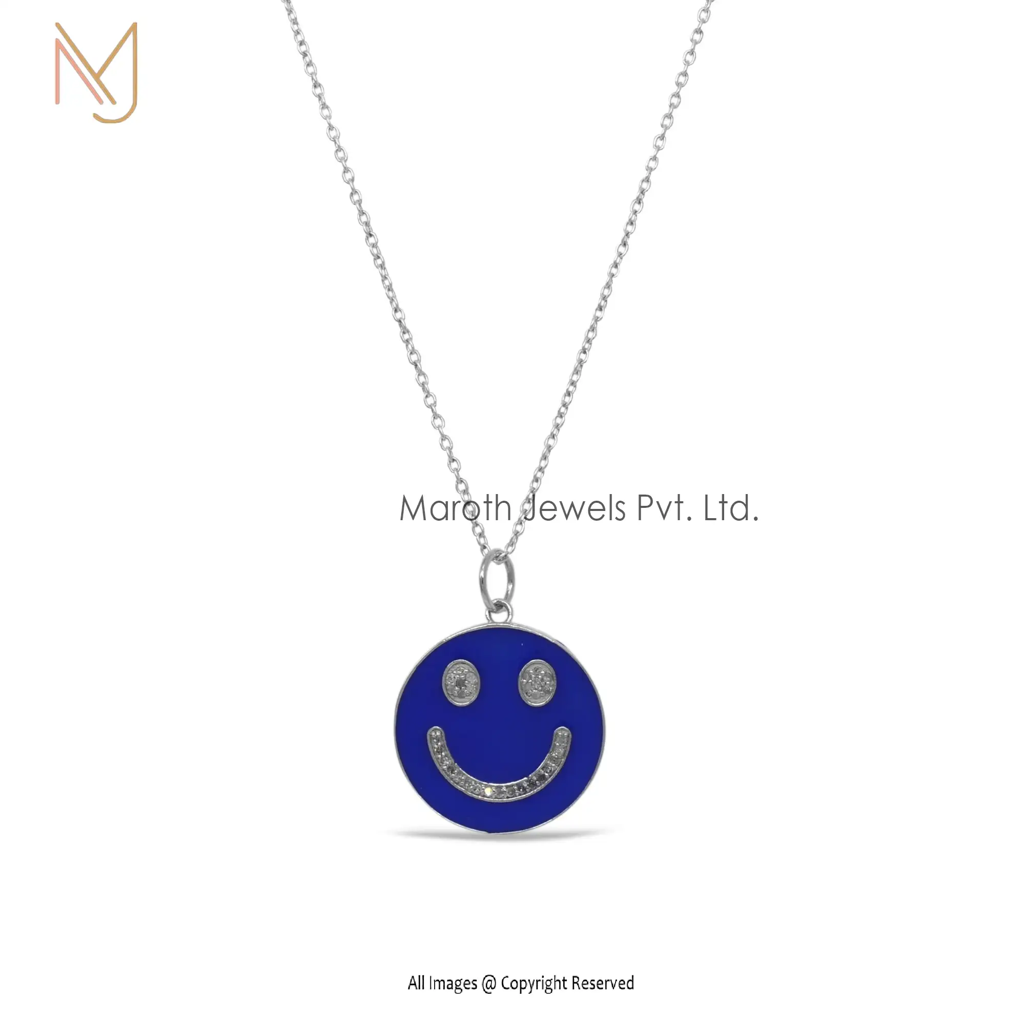 925 Silver White Gold Plated And Blue Enamel Diamond Smiley Pendant Jewelry Supplier