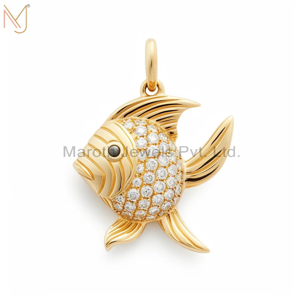 Wholesale 925 Sterling Silver Yellow Gold Plated Moissanite Angel Fish Charm Pendant Jewelry