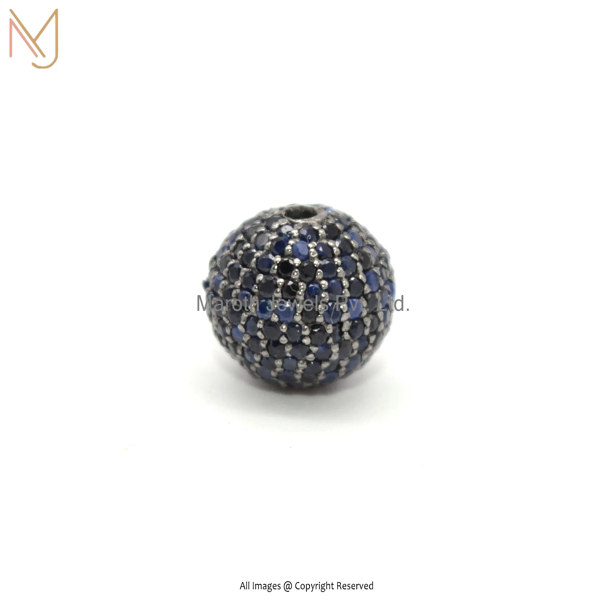 Private Label 925 Natural Silver Pave Blue Sapphire Round Beads Finding