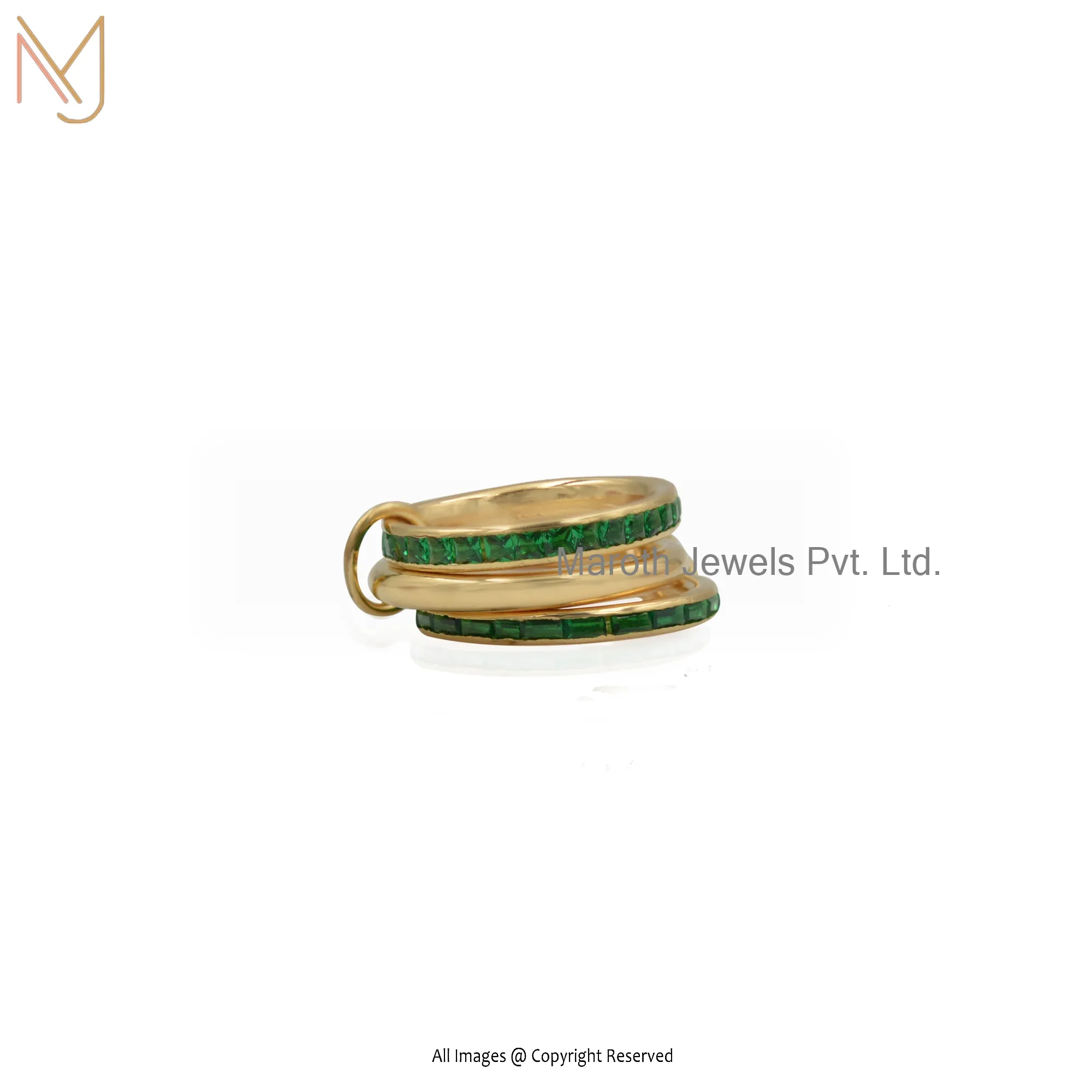 14K Yellow Gold Emerald Baguette Link Connected Ring Jewelry Manufacturer