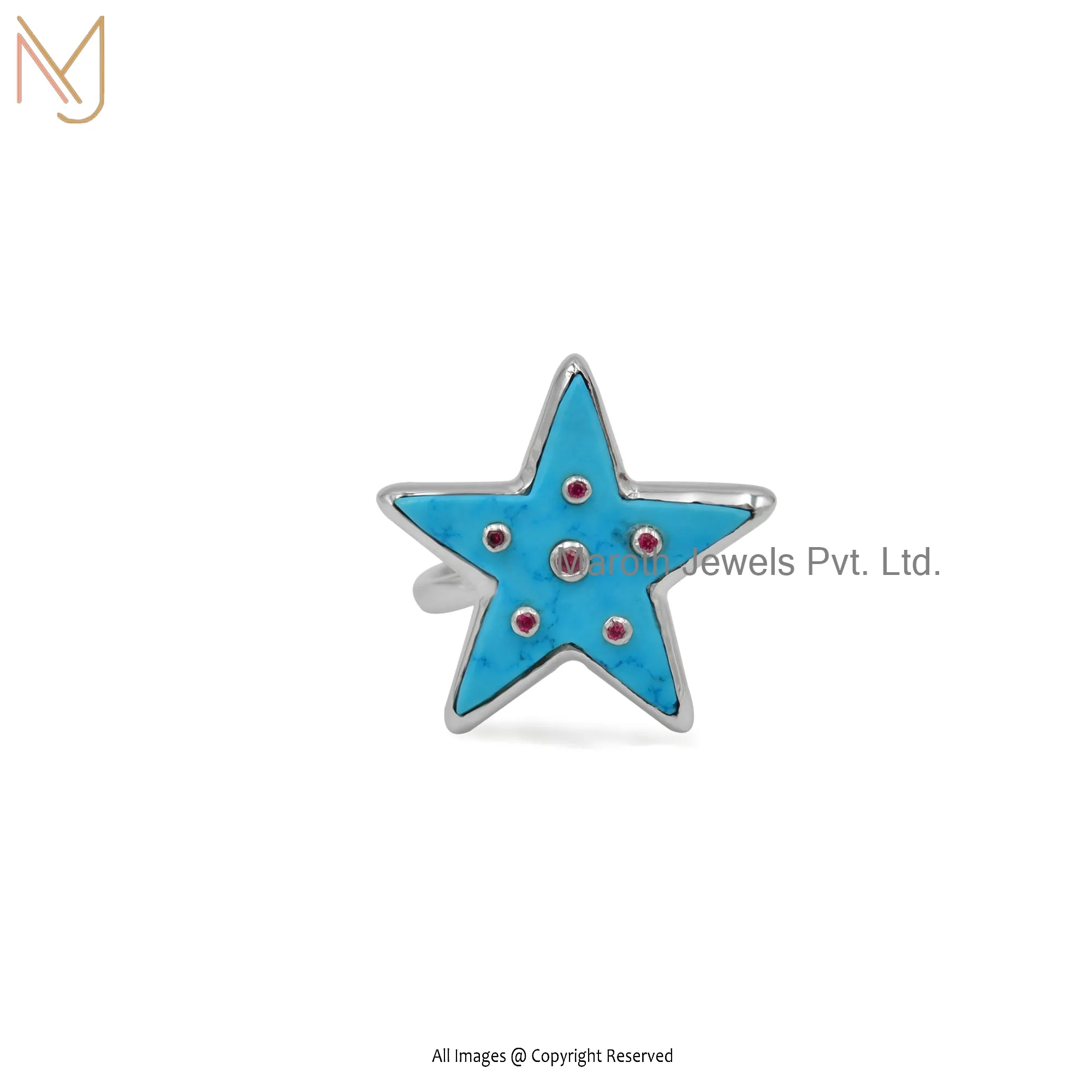 925 Silver Natural Silver Turquoise Light & Bright Pink CZ Gemstone Star Ring Jeweliry Supplier