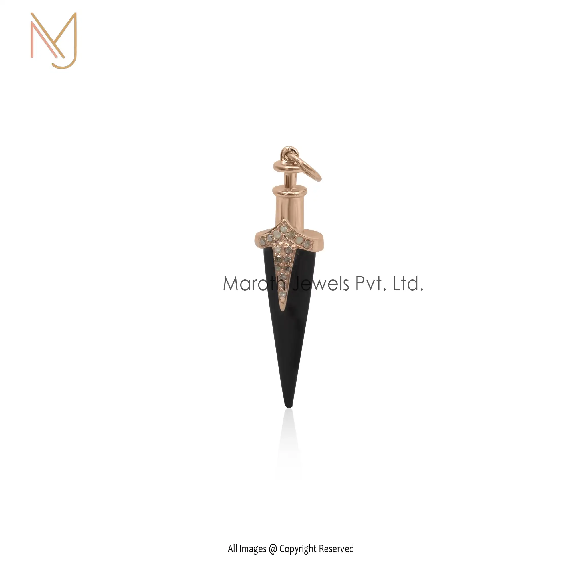 14K Yellow Gold Black Onyx & Diamond Dagger Pendant Custom Jewelry