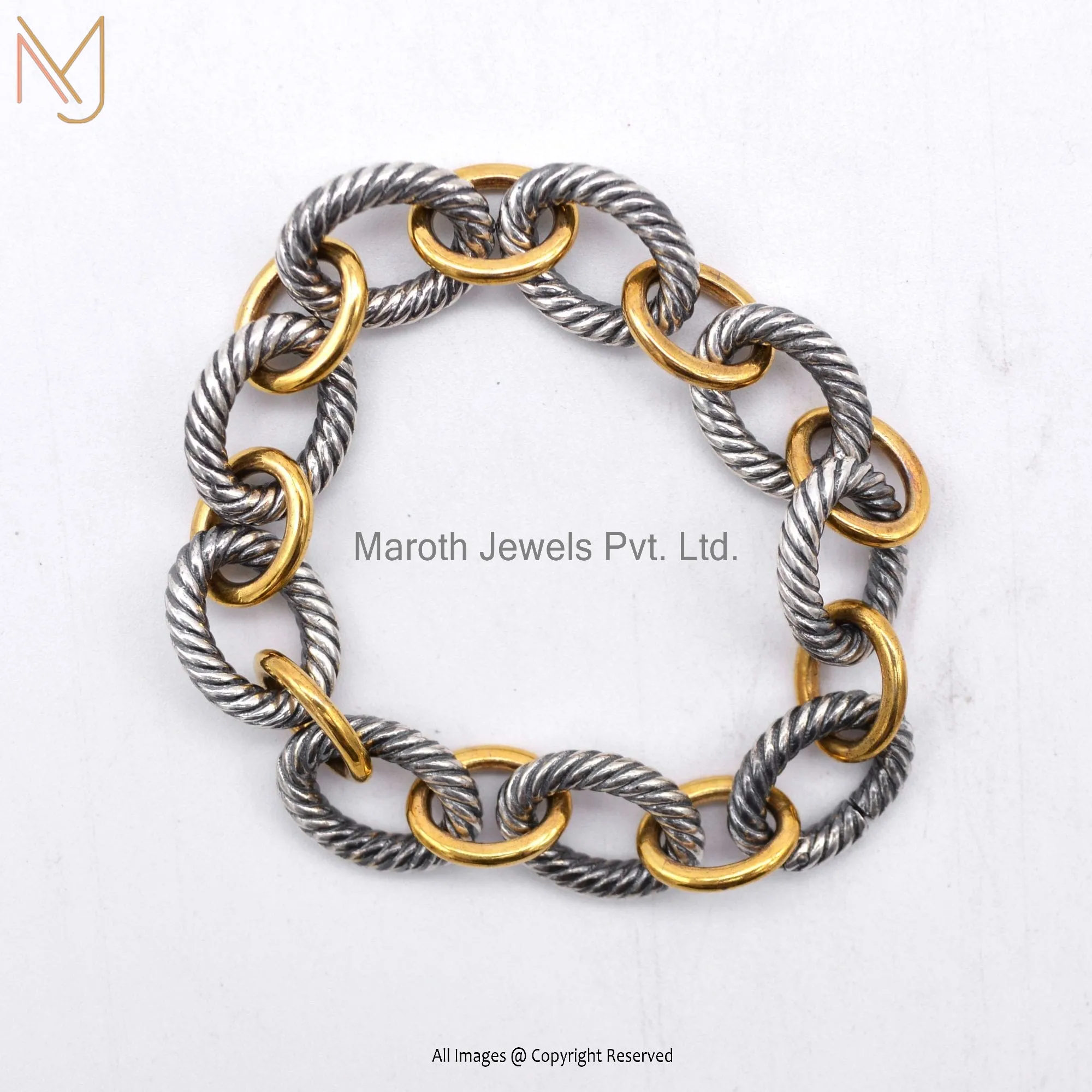 925 Silver Yellow Gold Plated And Oxidized Twisted Wire Bracelet Jewelry Manufacturer