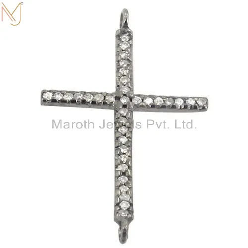 925 Sterling Silver Pendant Diamond Studded Cross Bracelet Connector Jewelry USA