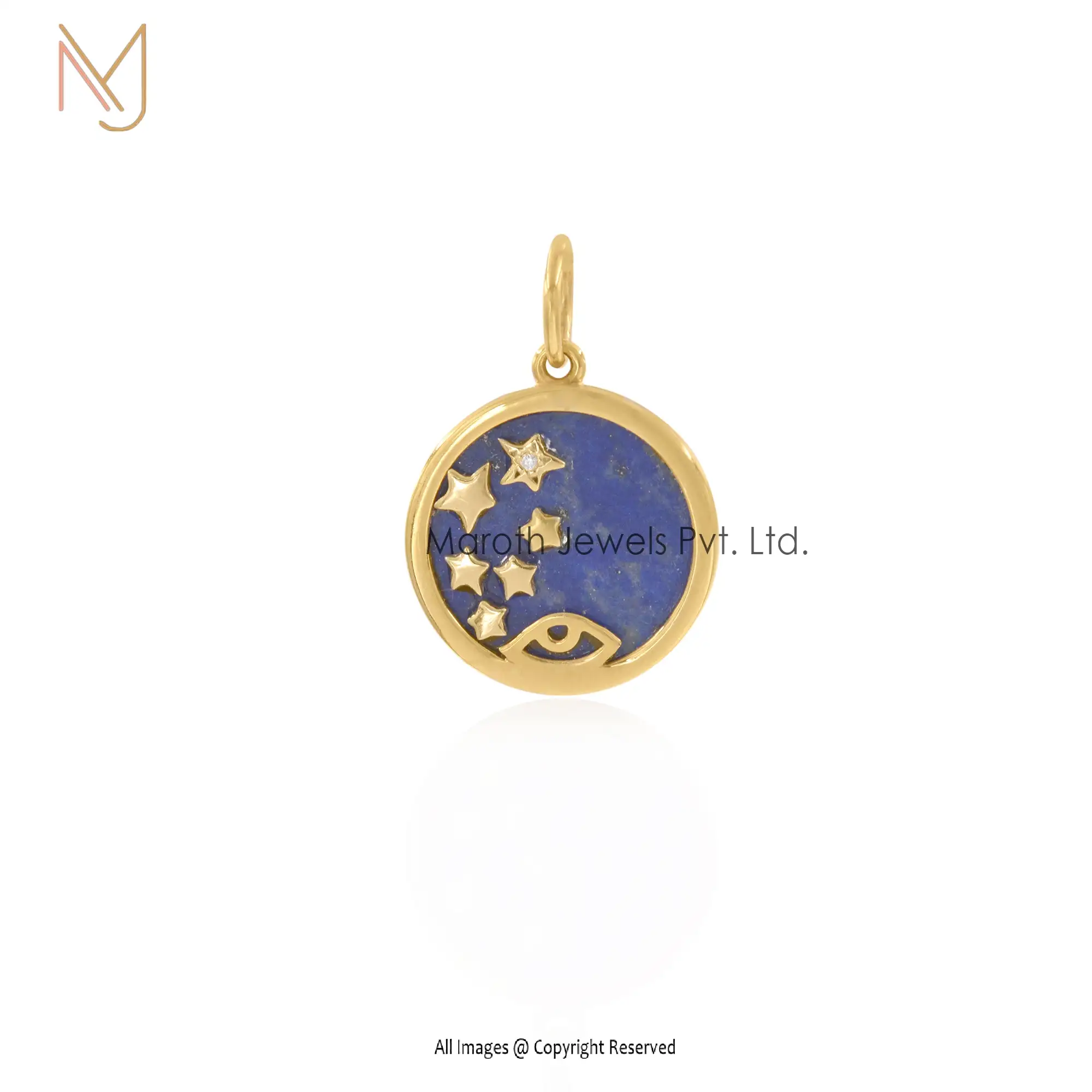 925 Silver Yellow Gold & Lapiz Lazuli Gemstone Star Disc Pendant Custom Jewelry